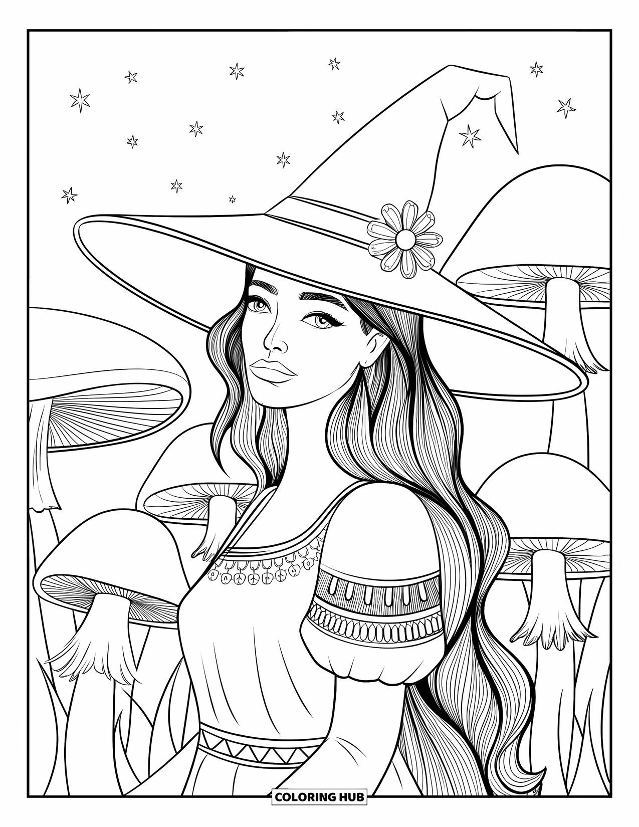 Witch Coloring Page for Adults: A dark-haired witch with a flower in her hat stands in a mushroom forest