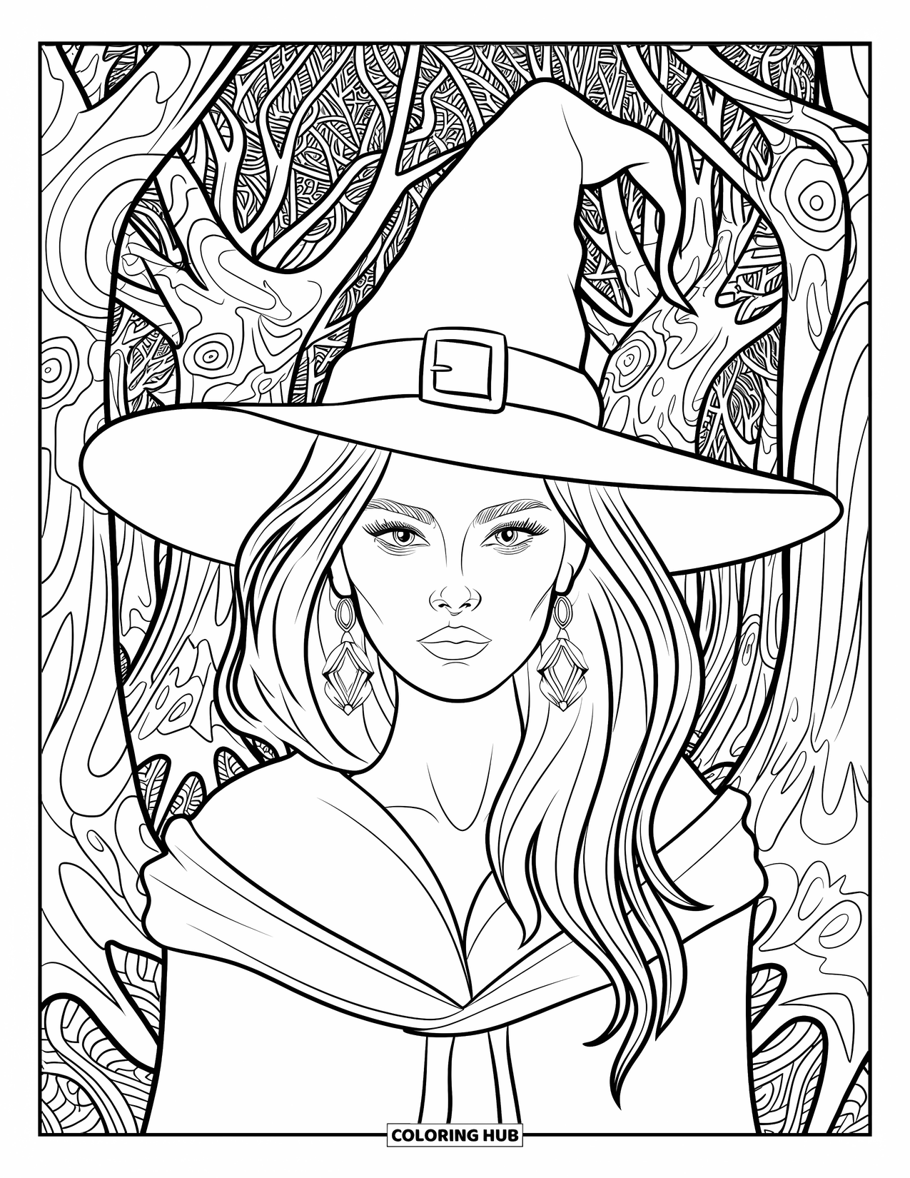 Witch Coloring Page for Adults: A dark-haired witch with intense eyes stands in a patterned forest