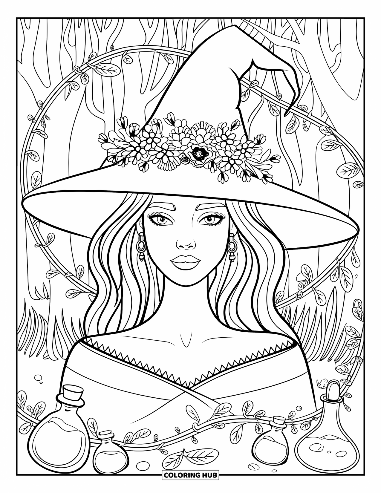 Witch Coloring Page for Adults: A floral-crowned witch stands among vines and potions in a cozy forest