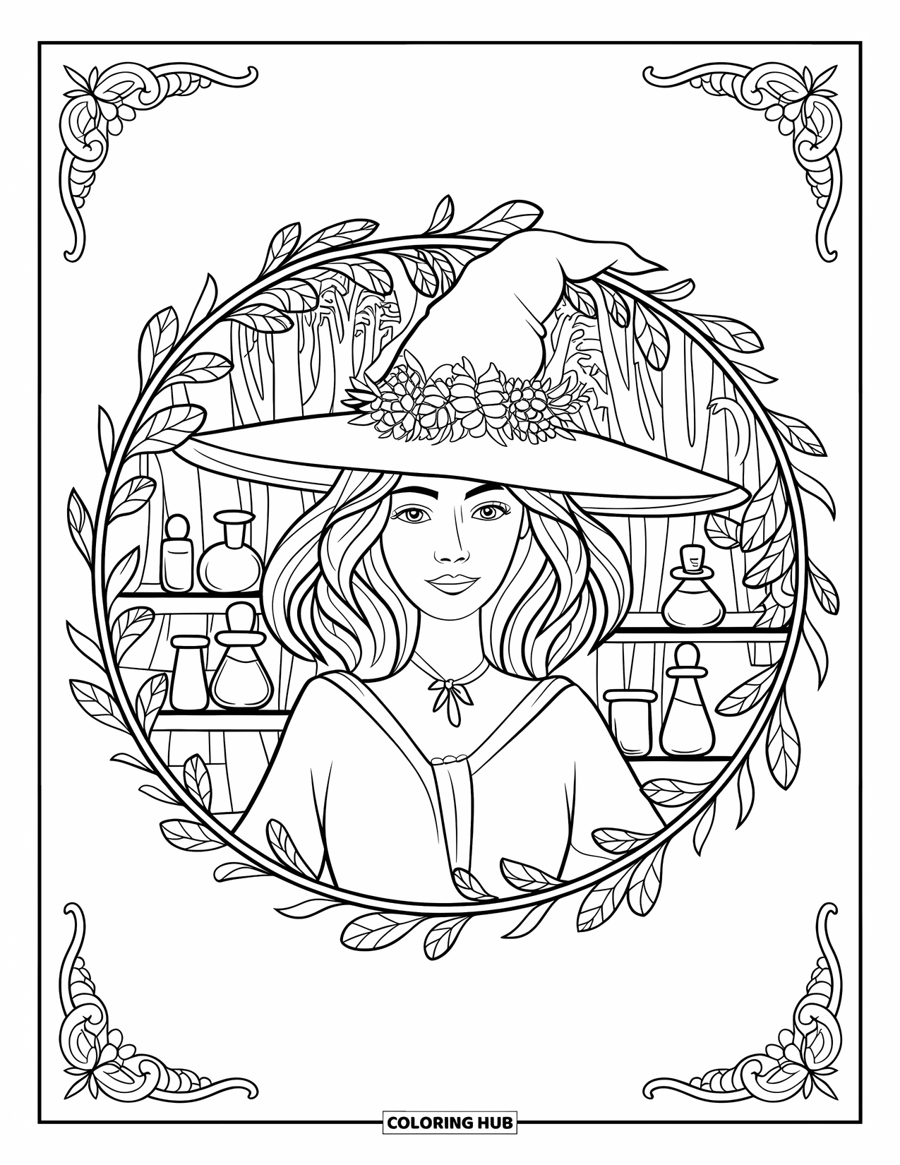 Witch Coloring Page for Adults: A flower-crowned witch stands in a vine circle with potions and shelves behind her