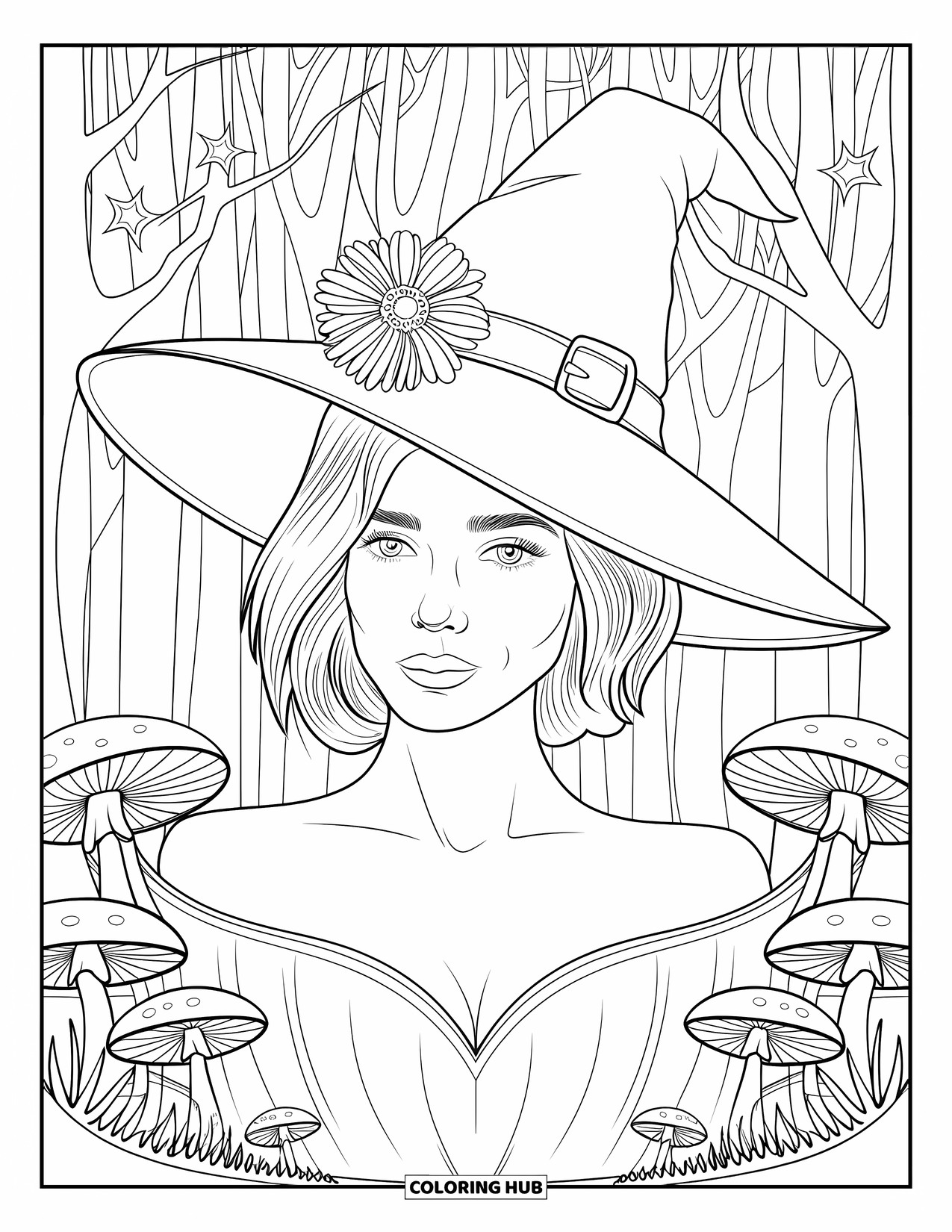 Witch Coloring Page for Adults: A flower-hatted witch stands among mushrooms beneath a sky full of stars