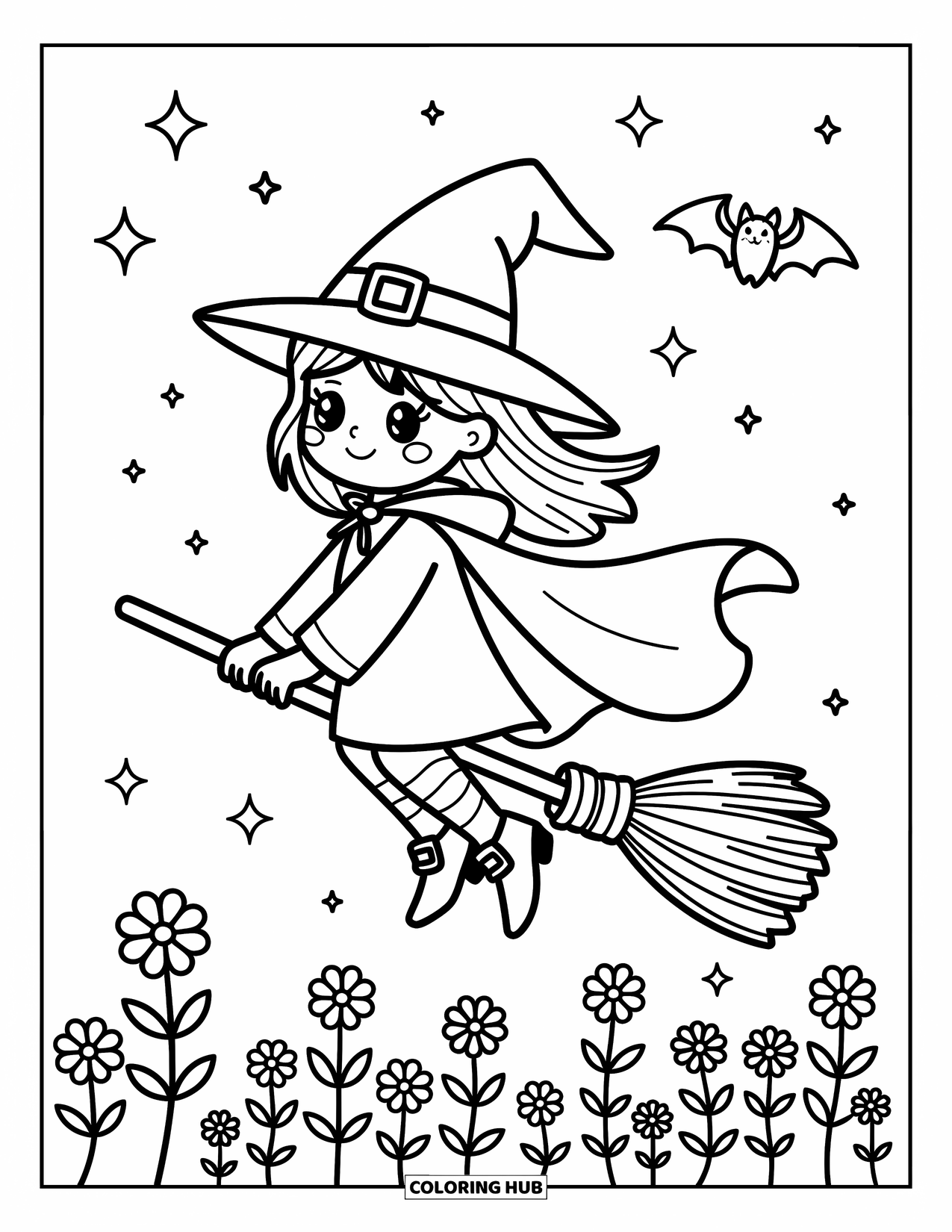 Witch Coloring Page for Adults: A flying witch reaches for a fluttering bat as she soars over a flower field