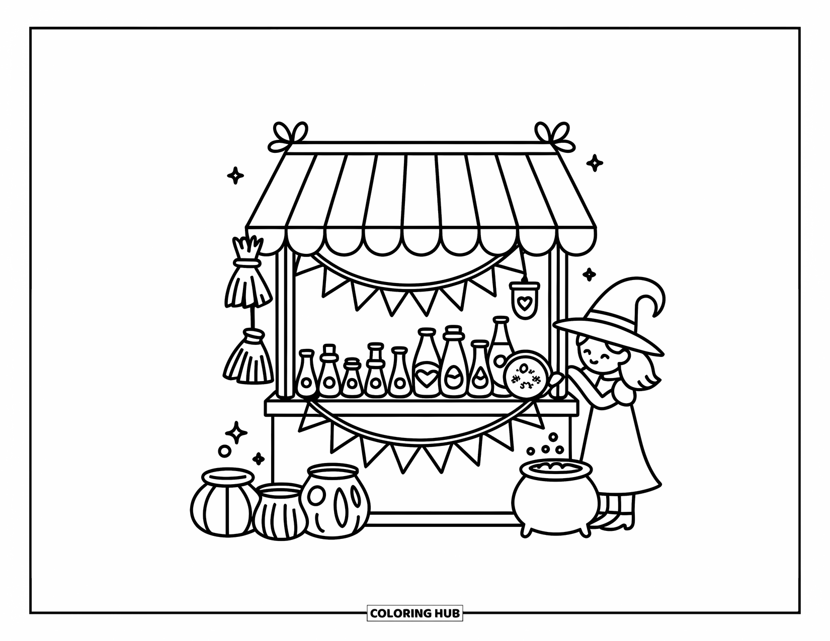 Witch Coloring Page for Adults: A happy witch explores a charming market stand with potions and a bubbling cauldron