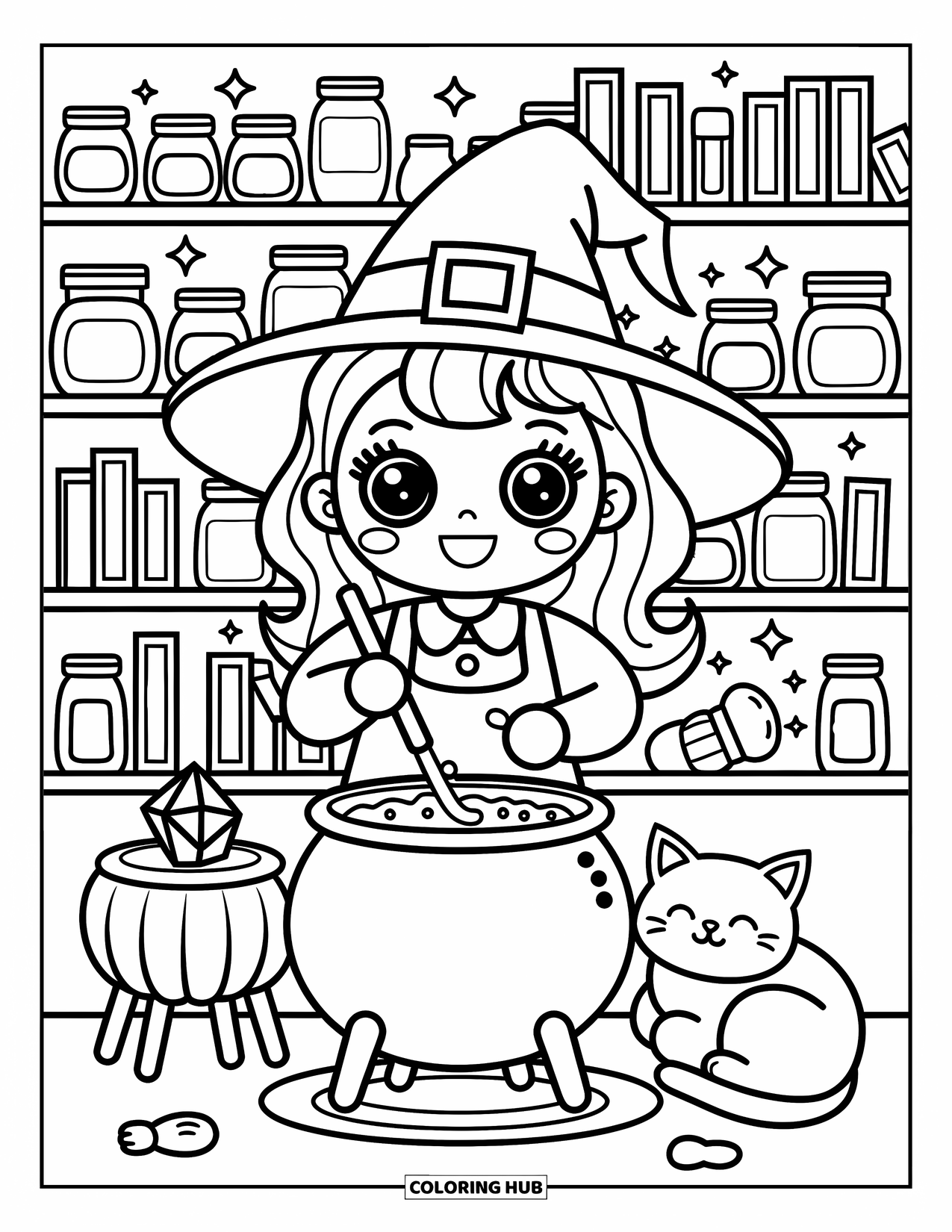 Witch Coloring Page for Adults: A happy witch stirs her bubbling cauldron while surrounded by jars, books, and her cat