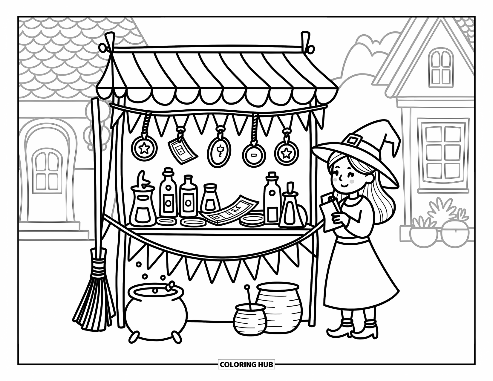 Witch Coloring Page for Adults: A joyful witch browses spell scrolls and potions at a market stall with bunting