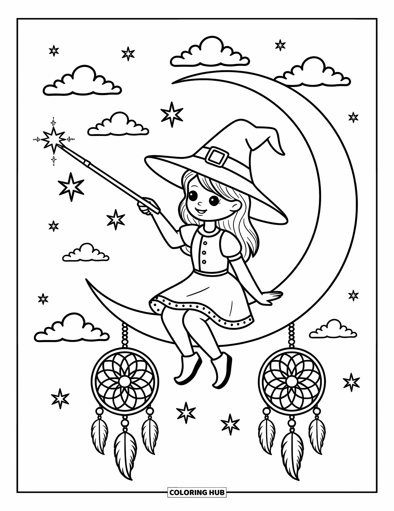 Witch Coloring Page for Adults: A playful witch paints stars from a crescent moon surrounded by clouds and dreamcatchers