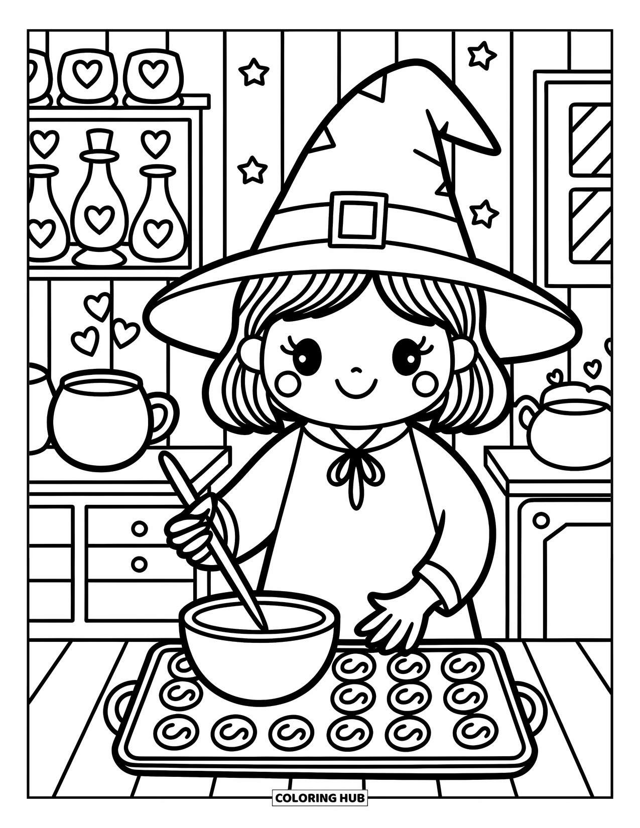 Witch Coloring Page for Adults: A smiling witch places moon cookies on a tray while her spoon stirs on its own
