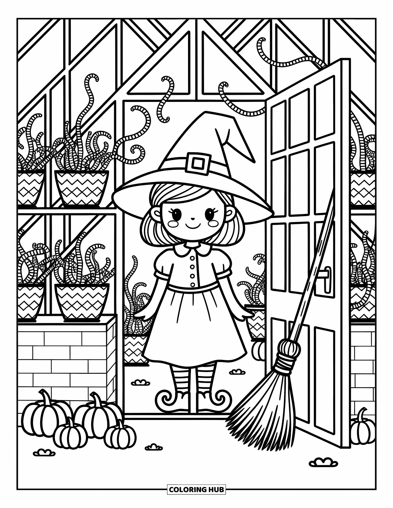 Witch Coloring Page for Adults: A smiling witch stands in her greenhouse filled with curling vines and pumpkins