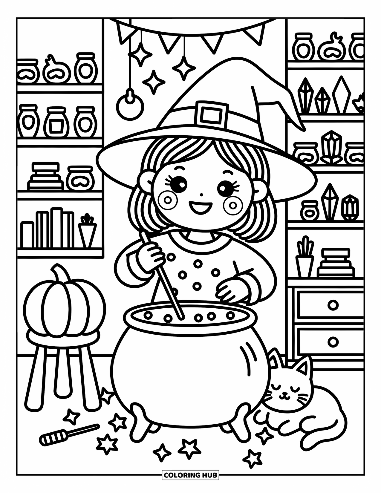 Witch Coloring Page for Adults: A smiling witch stirs potions as tiny jars and books fill her cozy potion room