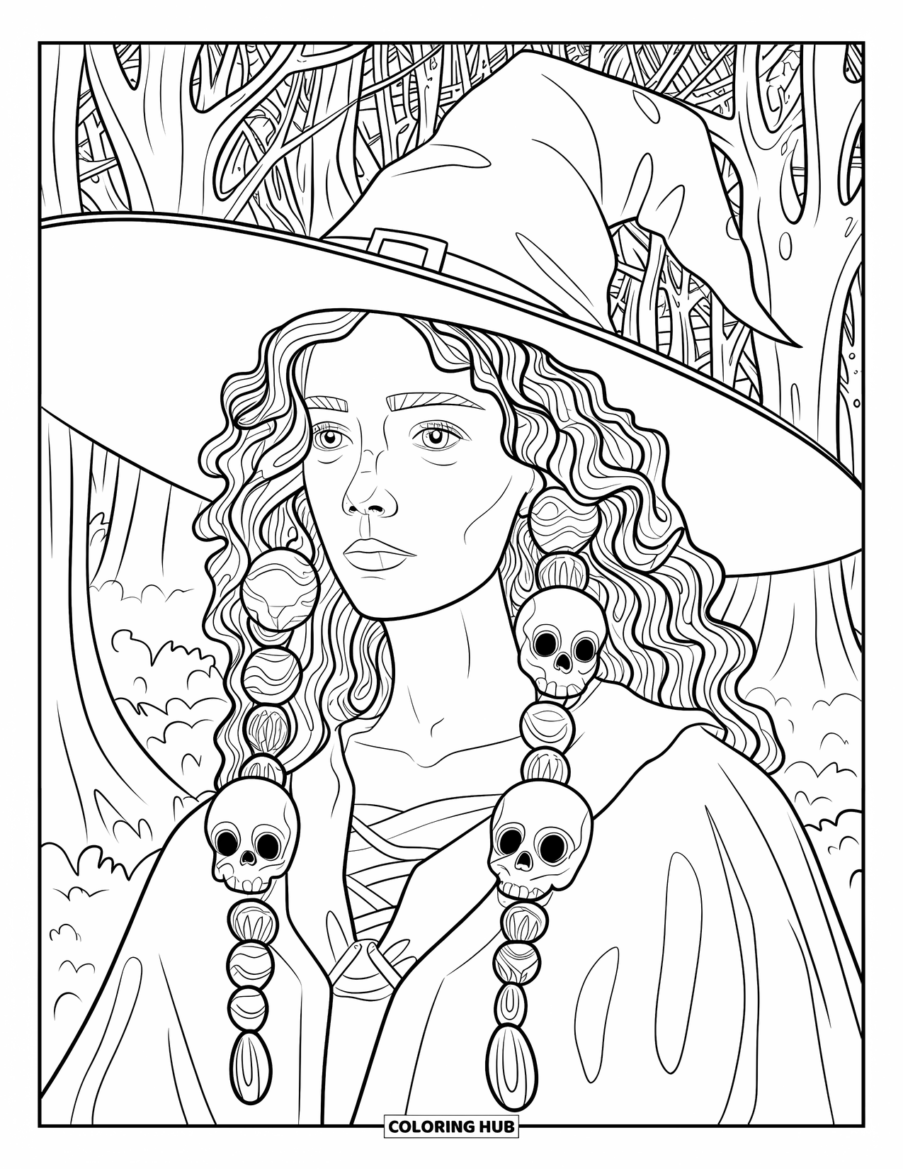 Witch Coloring Page for Adults: A solemn witch with skull beads in her hair stands quietly in a forest