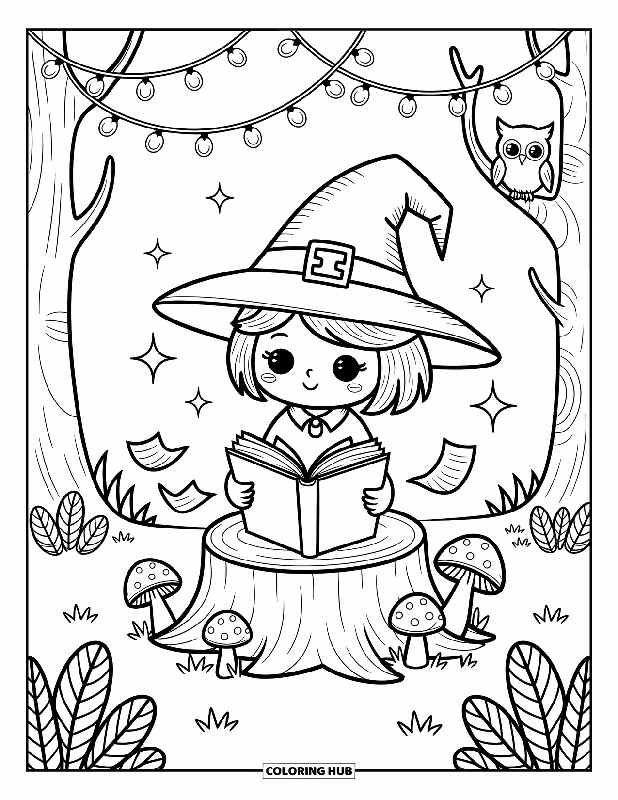 Witch Coloring Page for Adults: A sweet little witch studies her spellbook in the forest under twinkling lights