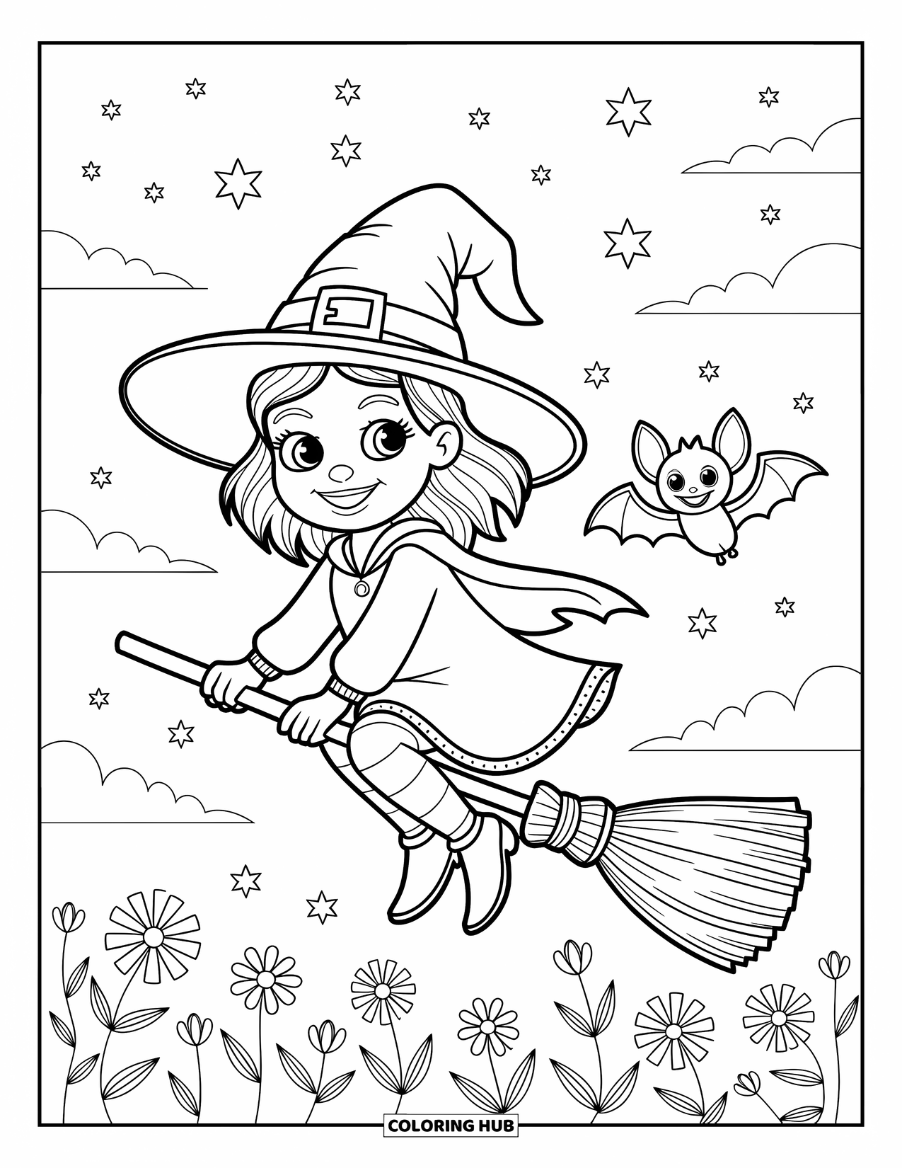 Witch Coloring Page for Adults: A tiny witch with a big smile flies over flowers and waves to a fluttering bat