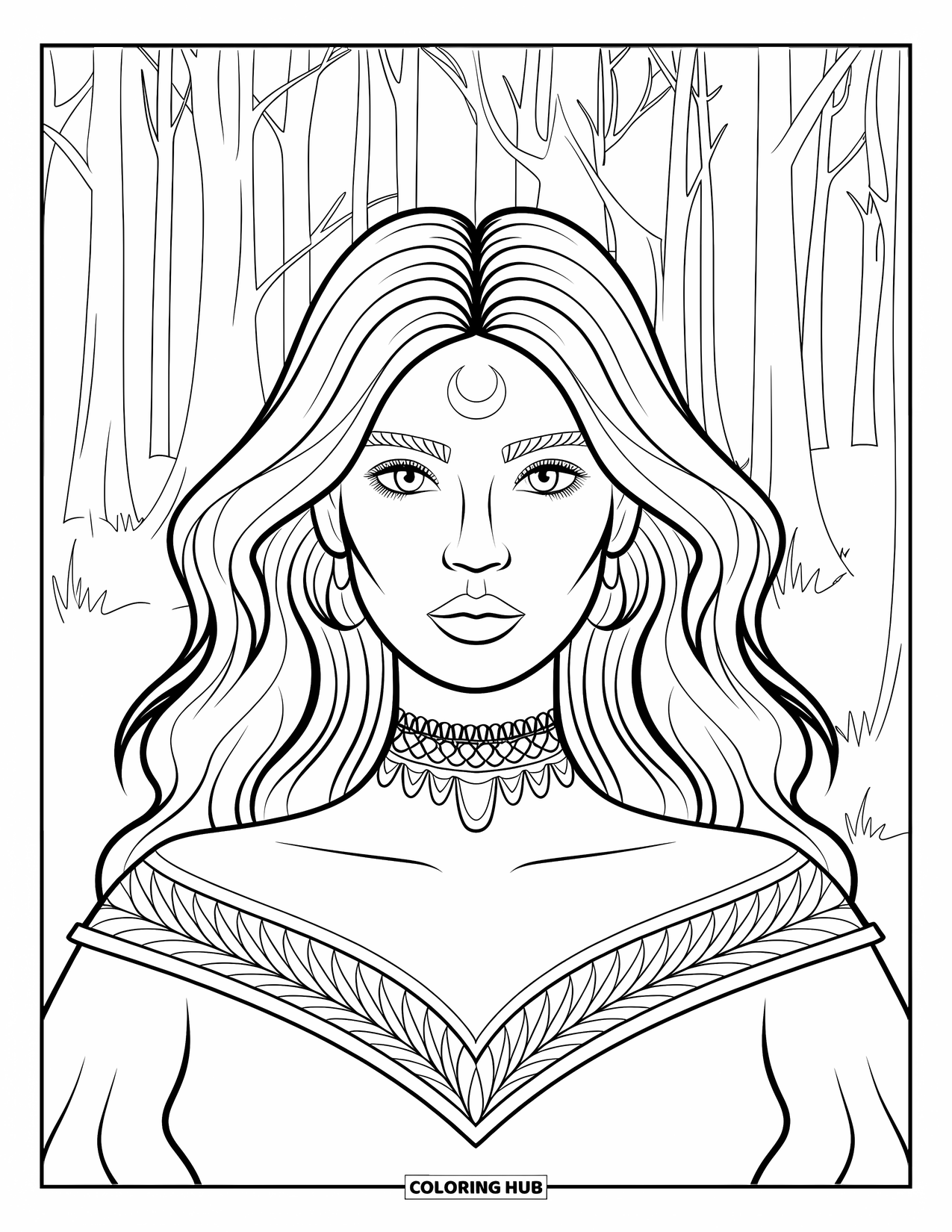 Witch Coloring Page for Adults: A wavy-haired witch with a lace choker stands in a forest of tall trees