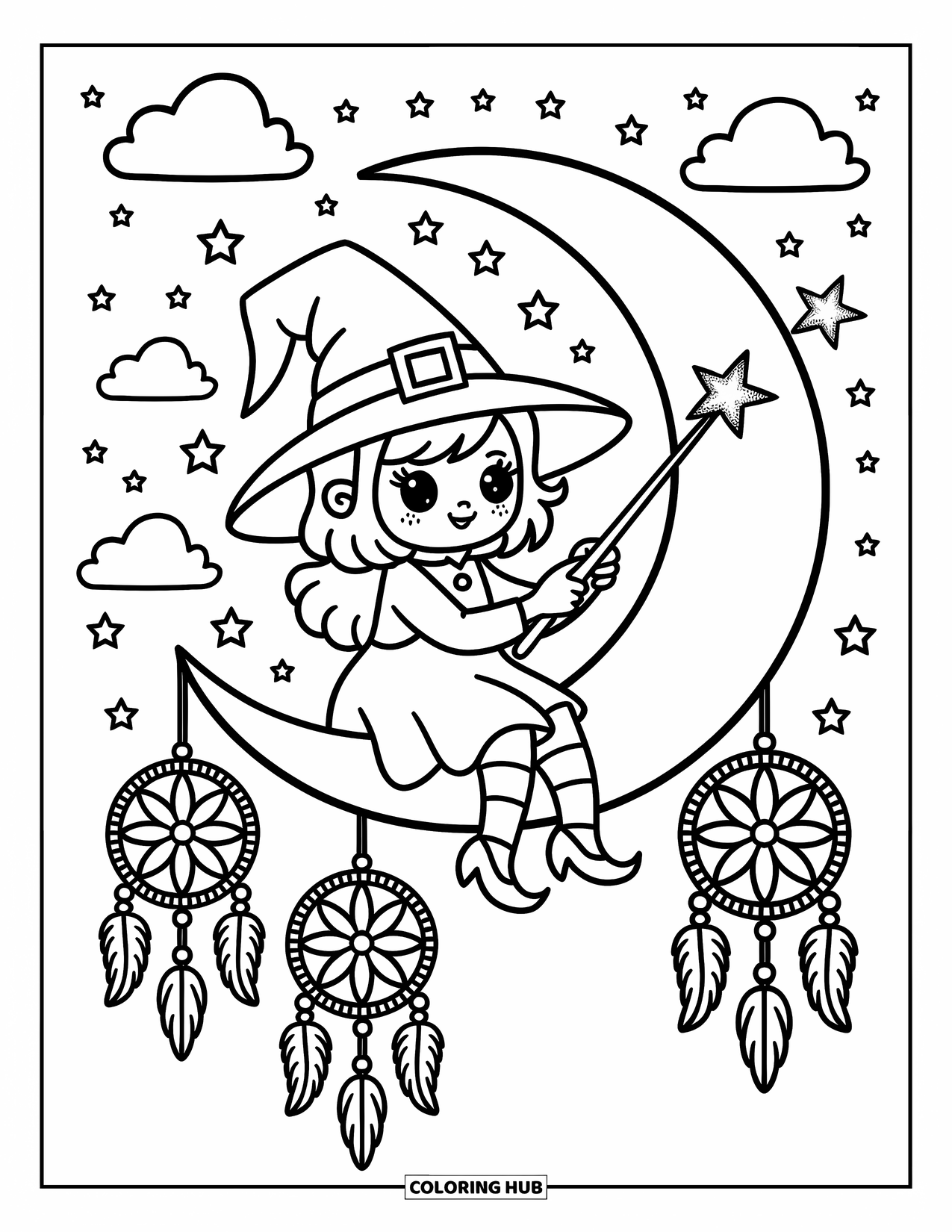 Witch Coloring Page for Adults: A witch sits on the moon, happily painting stars with her sparkling wand