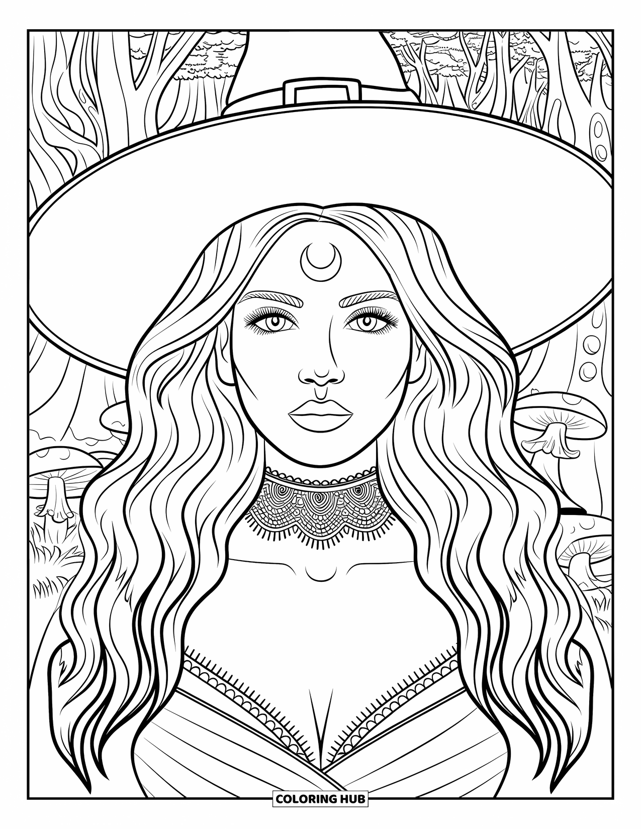 Witch Coloring Page for Adults: A witch with a crescent tattoo stands among trees and mushrooms