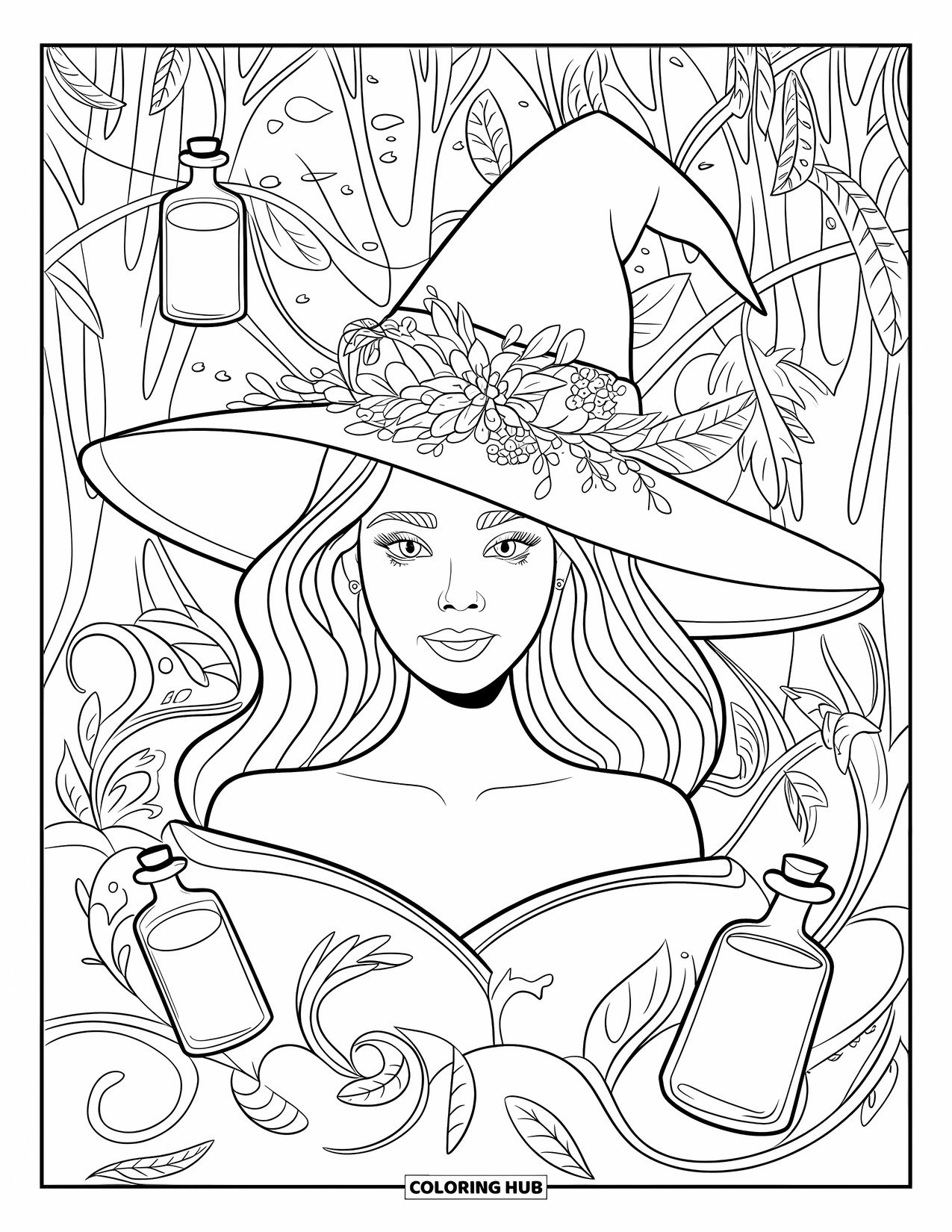 Witch Coloring Page for Adults: A witch with a flower crown stands near swirling vines and potion bottles in the forest