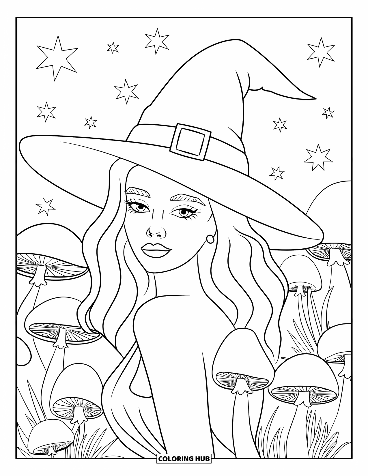 Witch Coloring Page for Adults: A witch with a flower in her hat stands beneath stars in a mushroom-filled forest