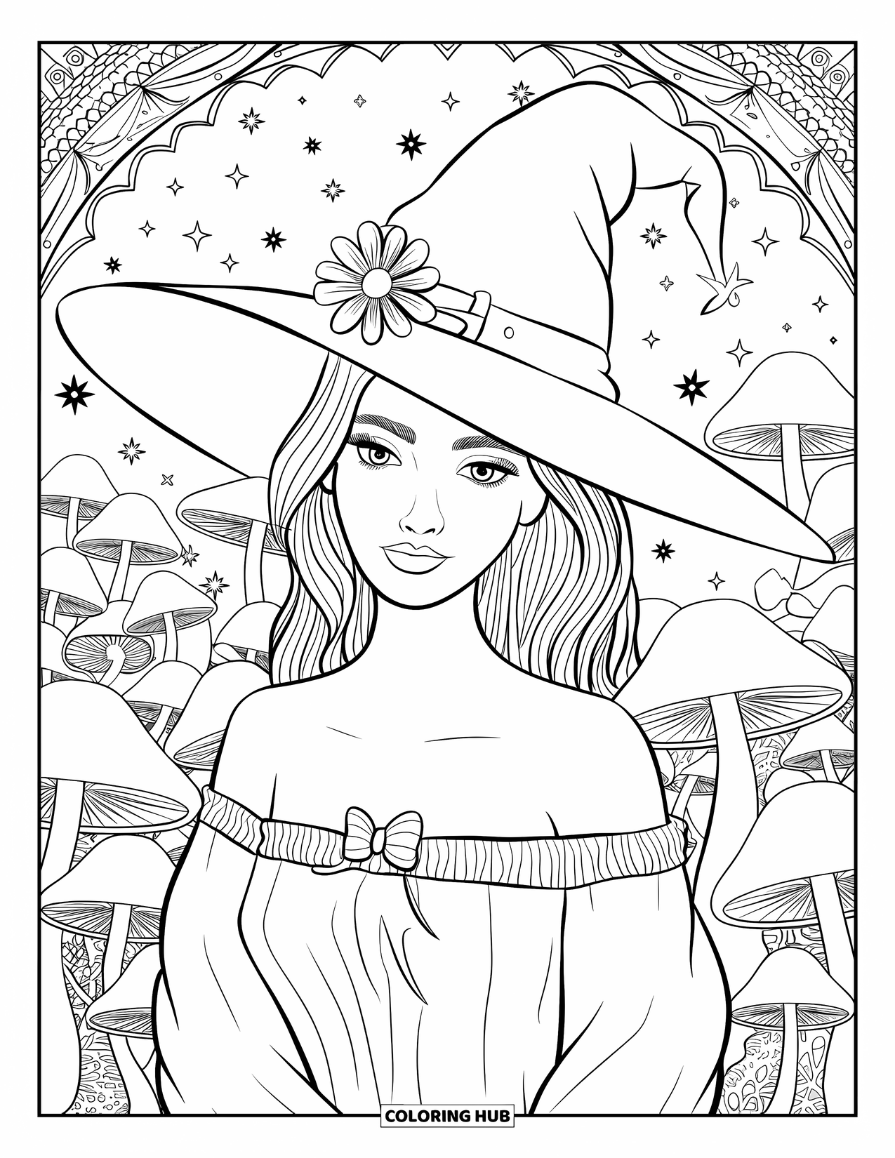 Witch Coloring Page for Adults: A witch with a flower in her hat stands in a forest of mushrooms under stars