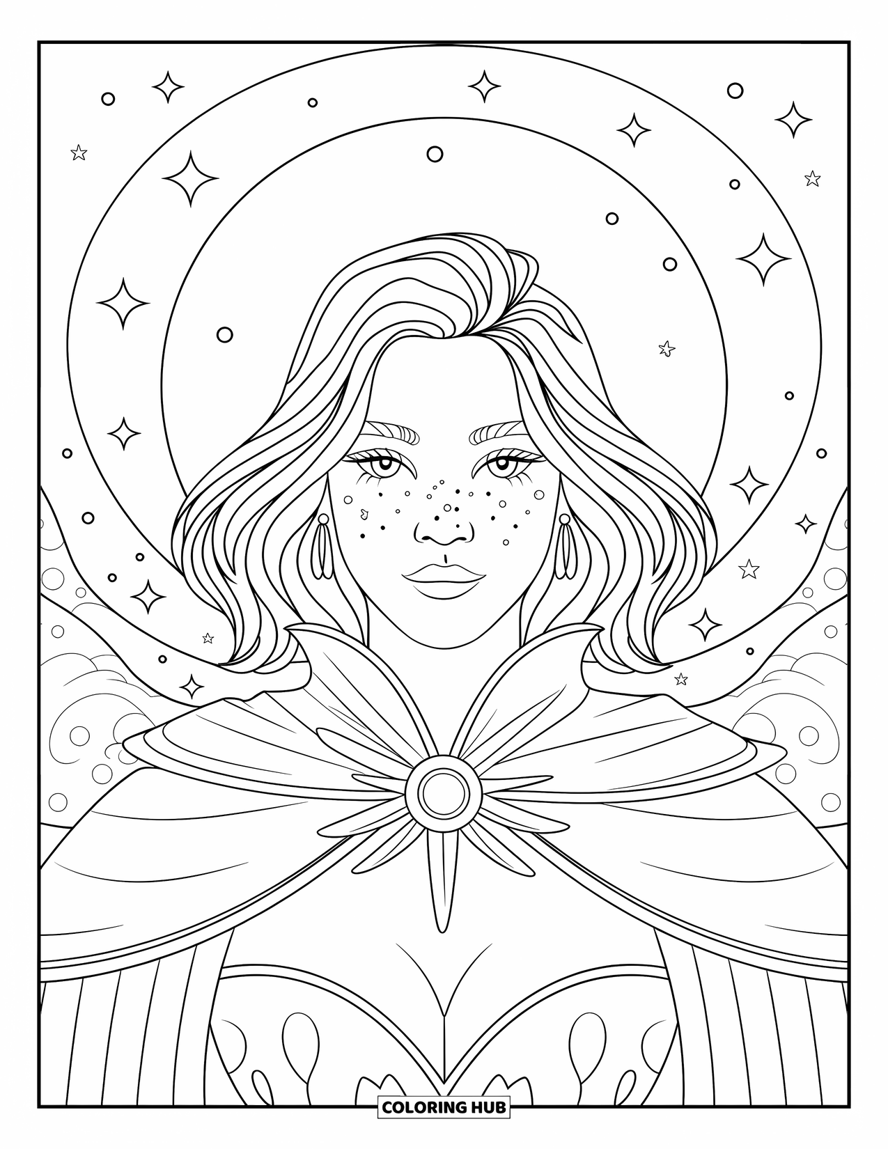 Witch Coloring Page for Adults: A witch with freckles and a glowing pendant sits beneath a starry night sky