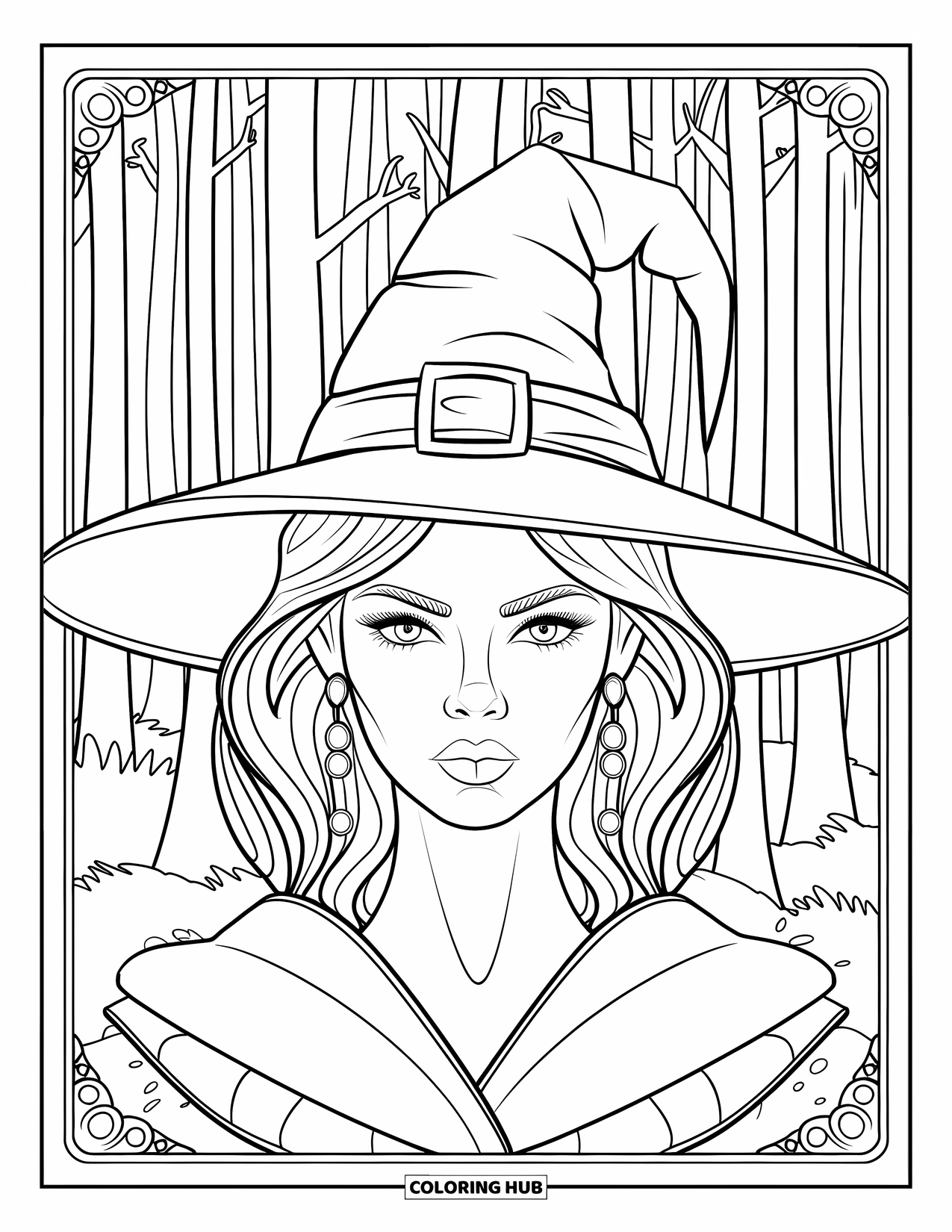 Witch Coloring Page for Adults: A witch with intense eyes and a twisted hat stands beneath tall forest trees