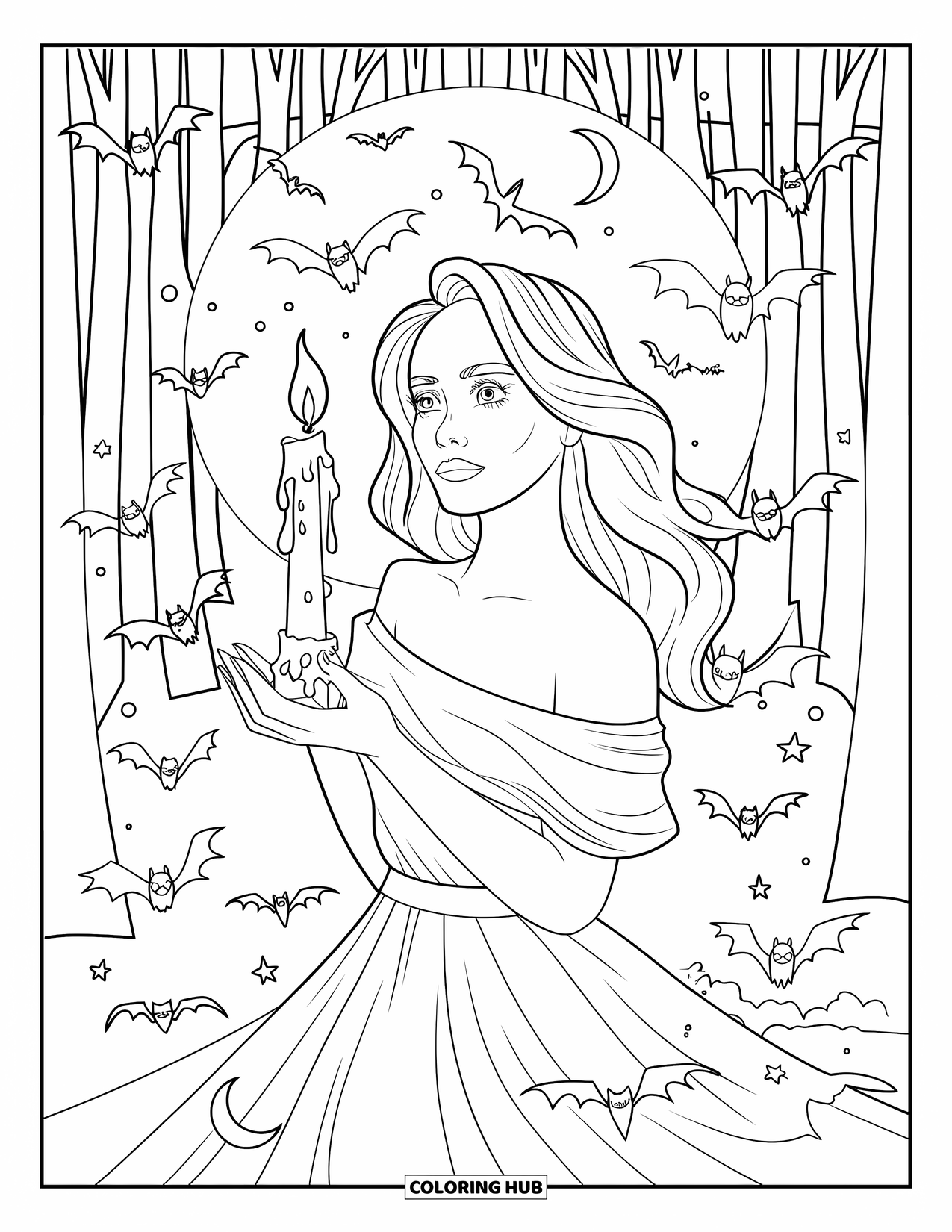 Witch Coloring Page for Adults: A witch with long hair holds a glowing candle surrounded by bats and moons