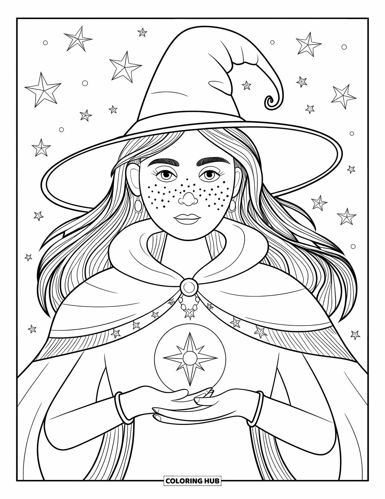 Witch Coloring Page for Adults: A witch with long hair holds a glowing pendant under a sky full of stars