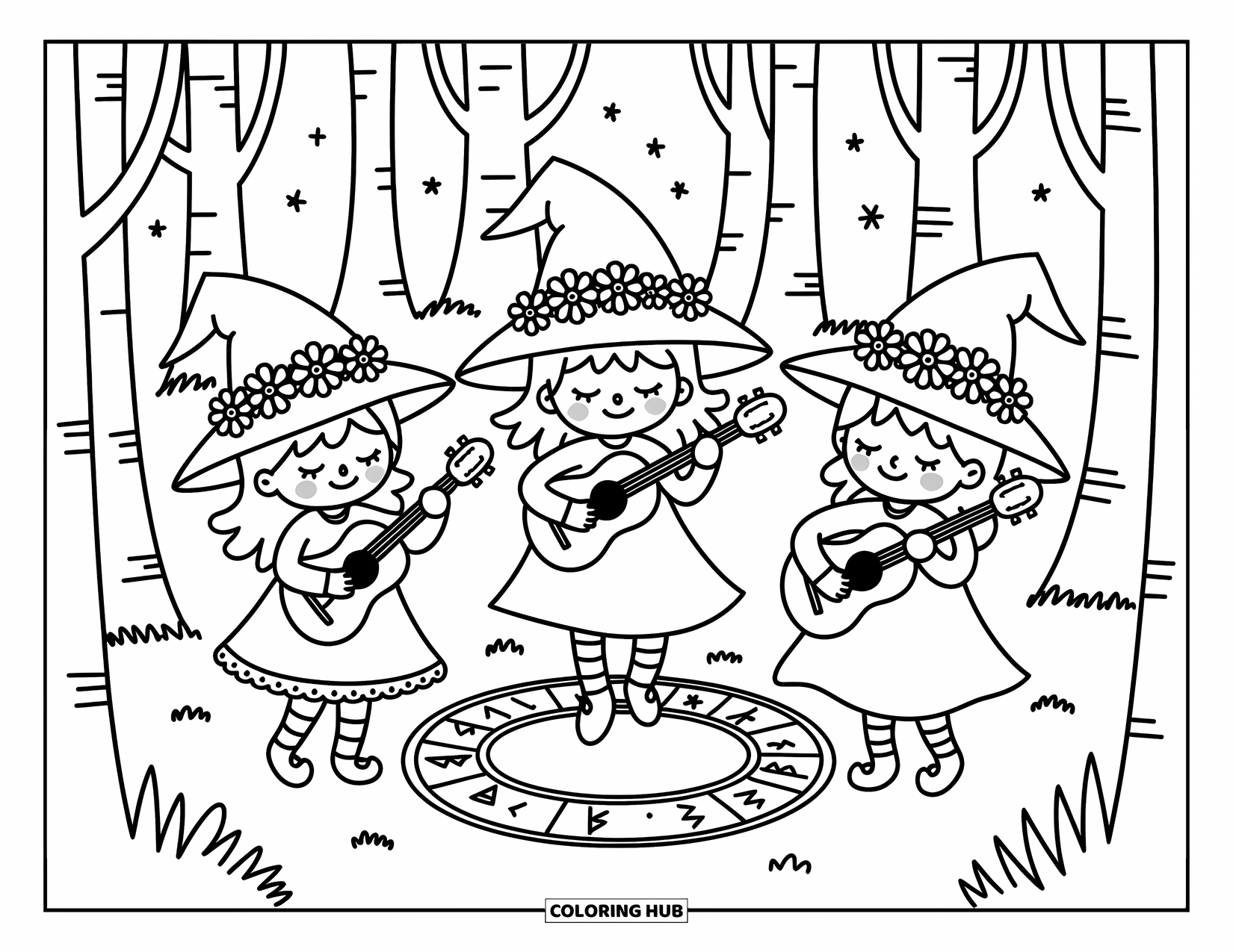 Witch Coloring Page for Adults: Flower-crowned witches joyfully dance and play in a forest filled with magical lights