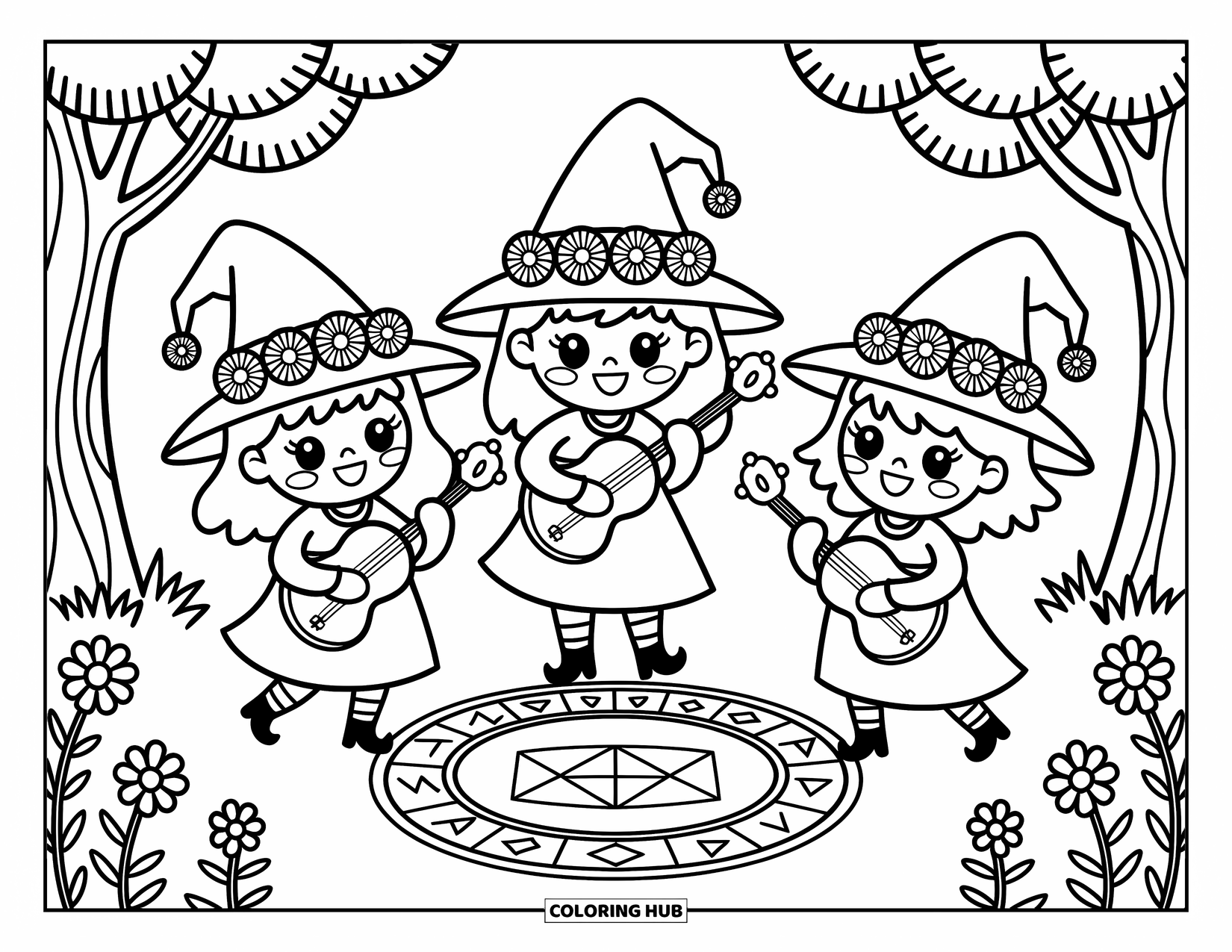 Witch Coloring Page for Adults: Little witches play instruments and dance near glowing runes in a cozy forest scene