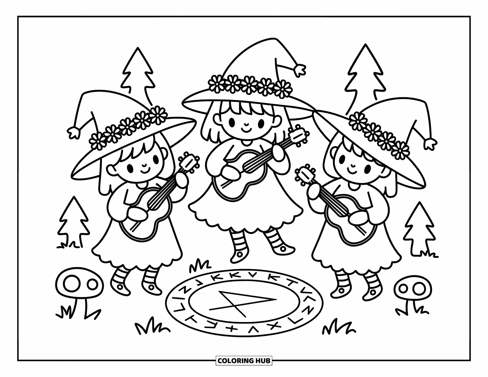 Witch Coloring Page for Adults: Three witches with flower crowns twirl and play music in a glowing forest circle