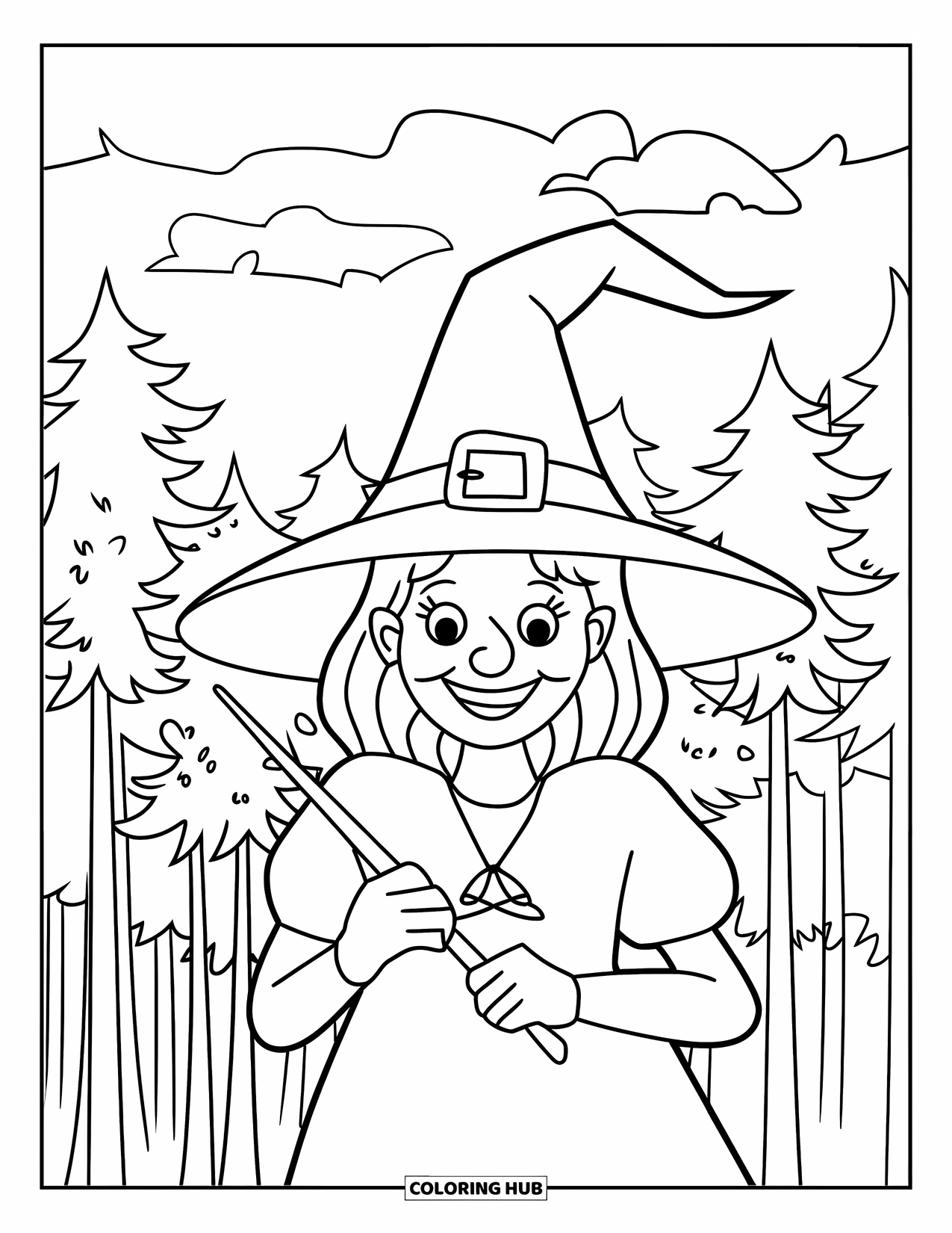 Witch Coloring Page for Kids: A cheerful witch with a wand stands quietly under the tall forest trees