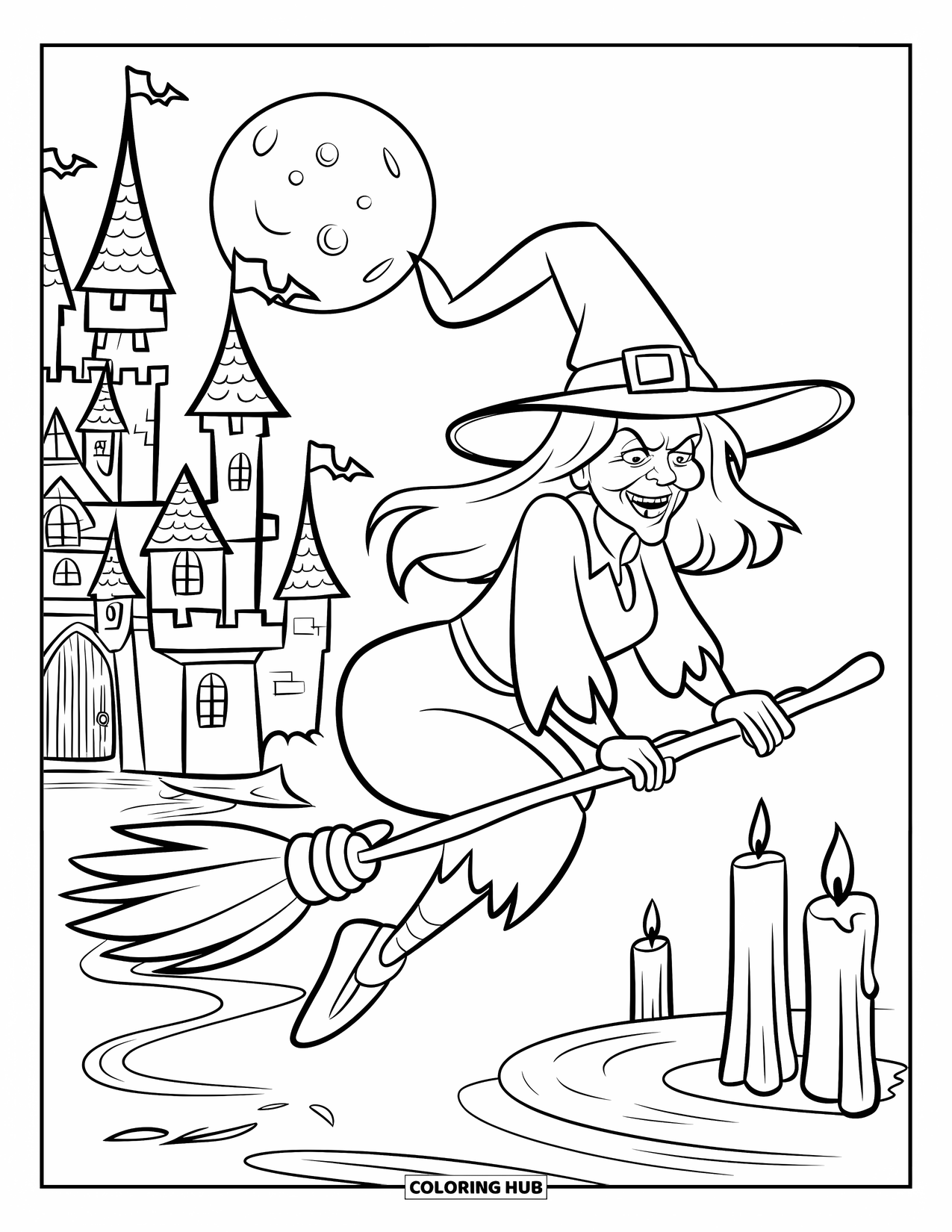 Witch Coloring Page for Kids: A creepy witch flies past a haunted castle under the light of the full moon