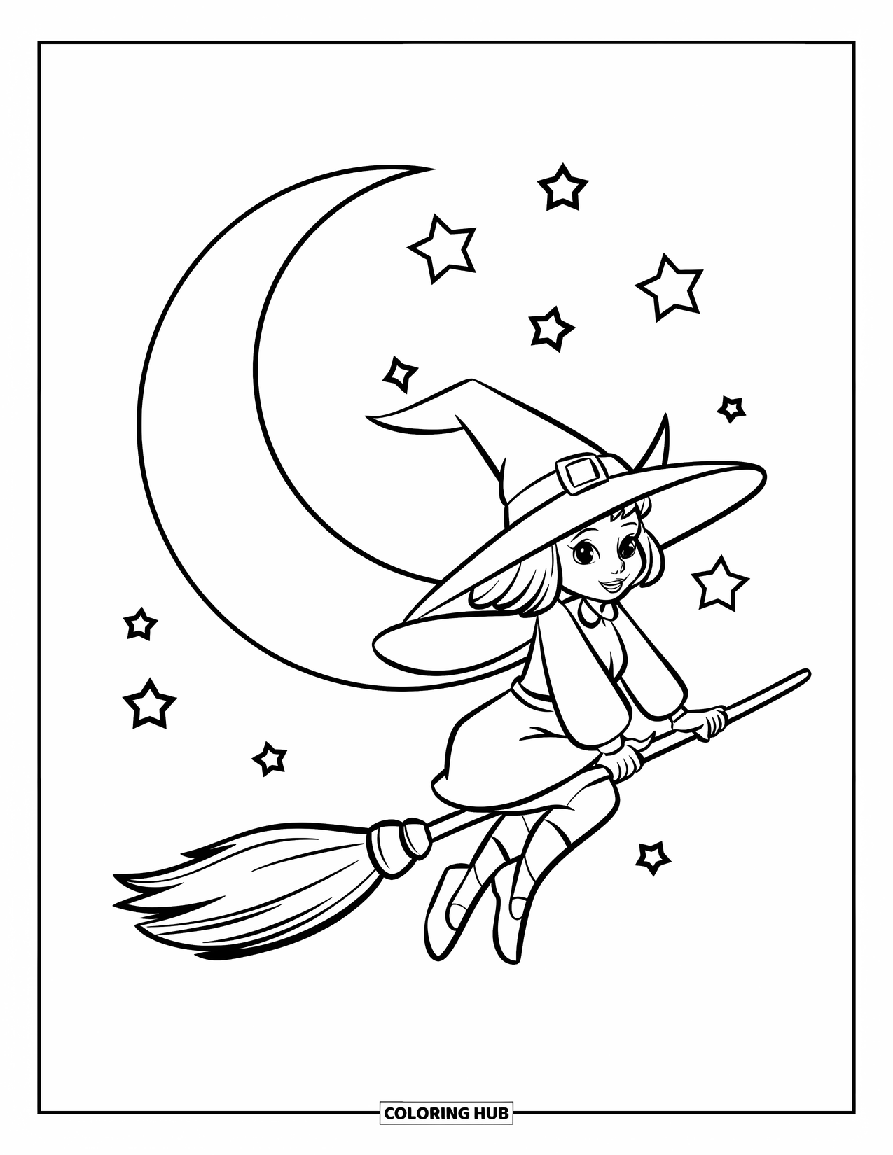 Witch Coloring Page for Kids: A cute witch flies on her broom under the stars and a crescent moon