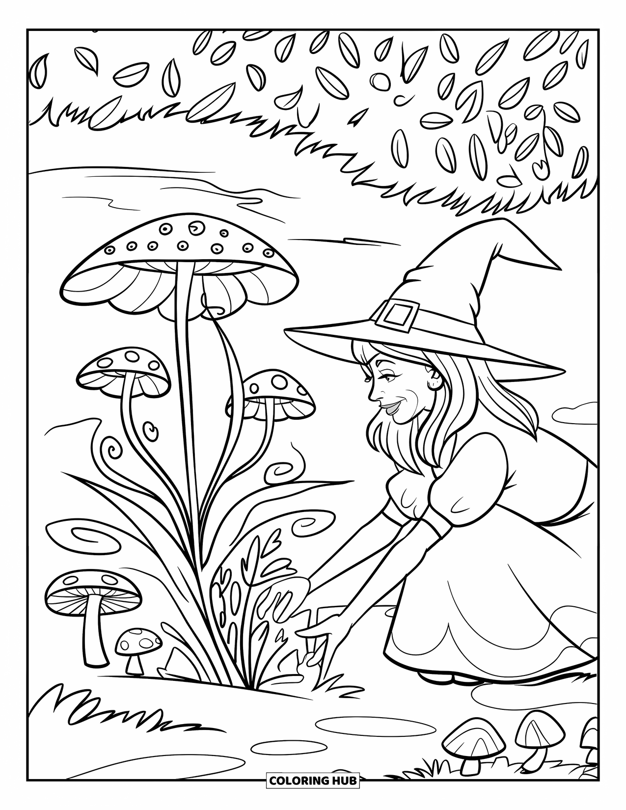 Witch Coloring Page for Kids: A garden witch adds magical flowers near mushrooms and a winding path