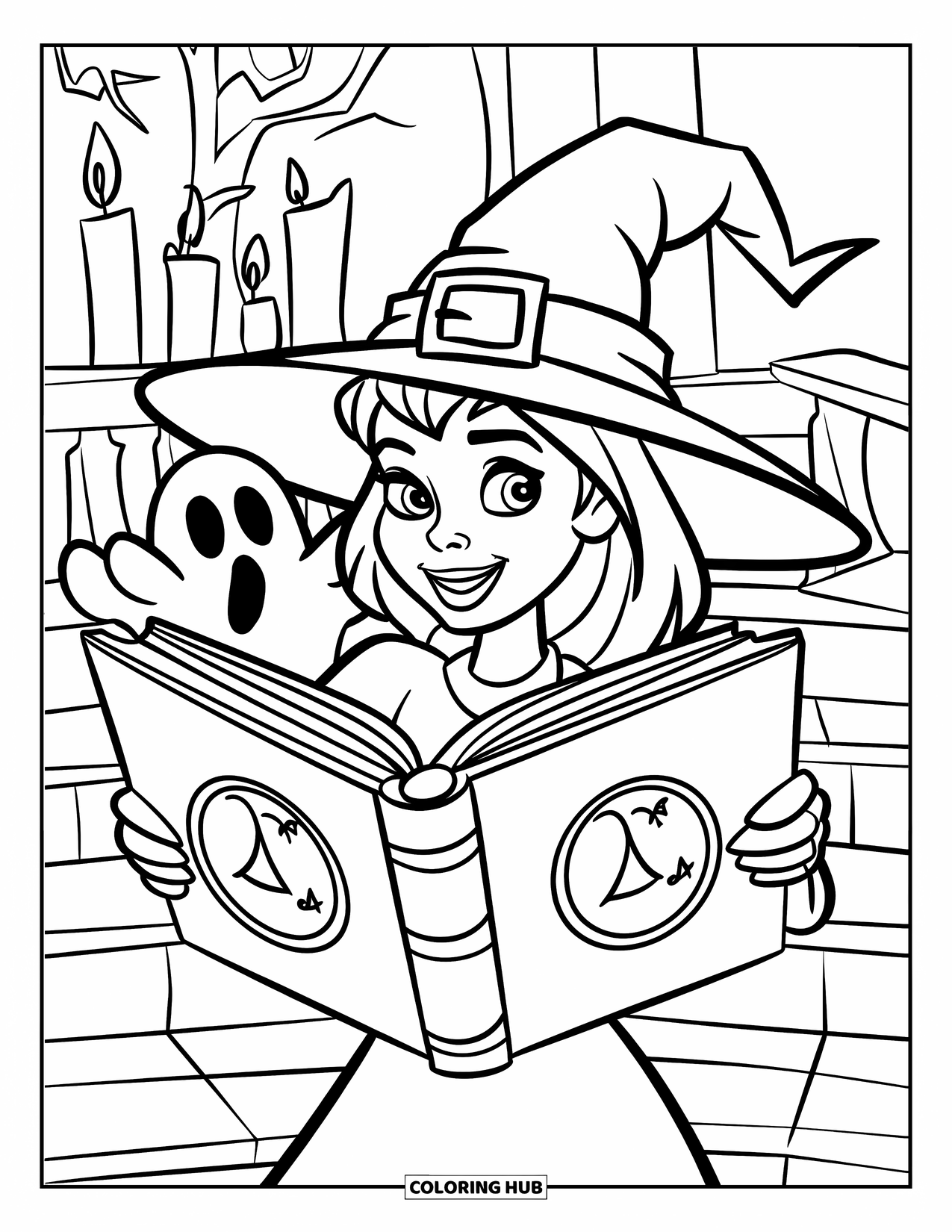 Witch Coloring Page for Kids: A ghost peeks from behind a witch holding a giant spellbook near a mansion
