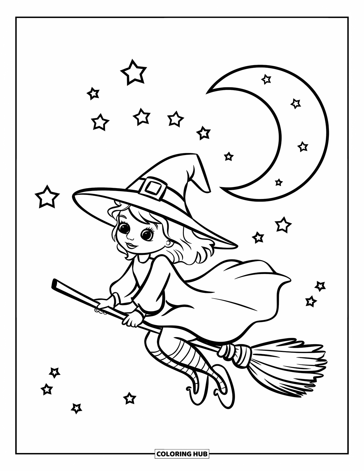 Witch Coloring Page for Kids: A happy witch flies beneath a crescent moon surrounded by twinkling stars