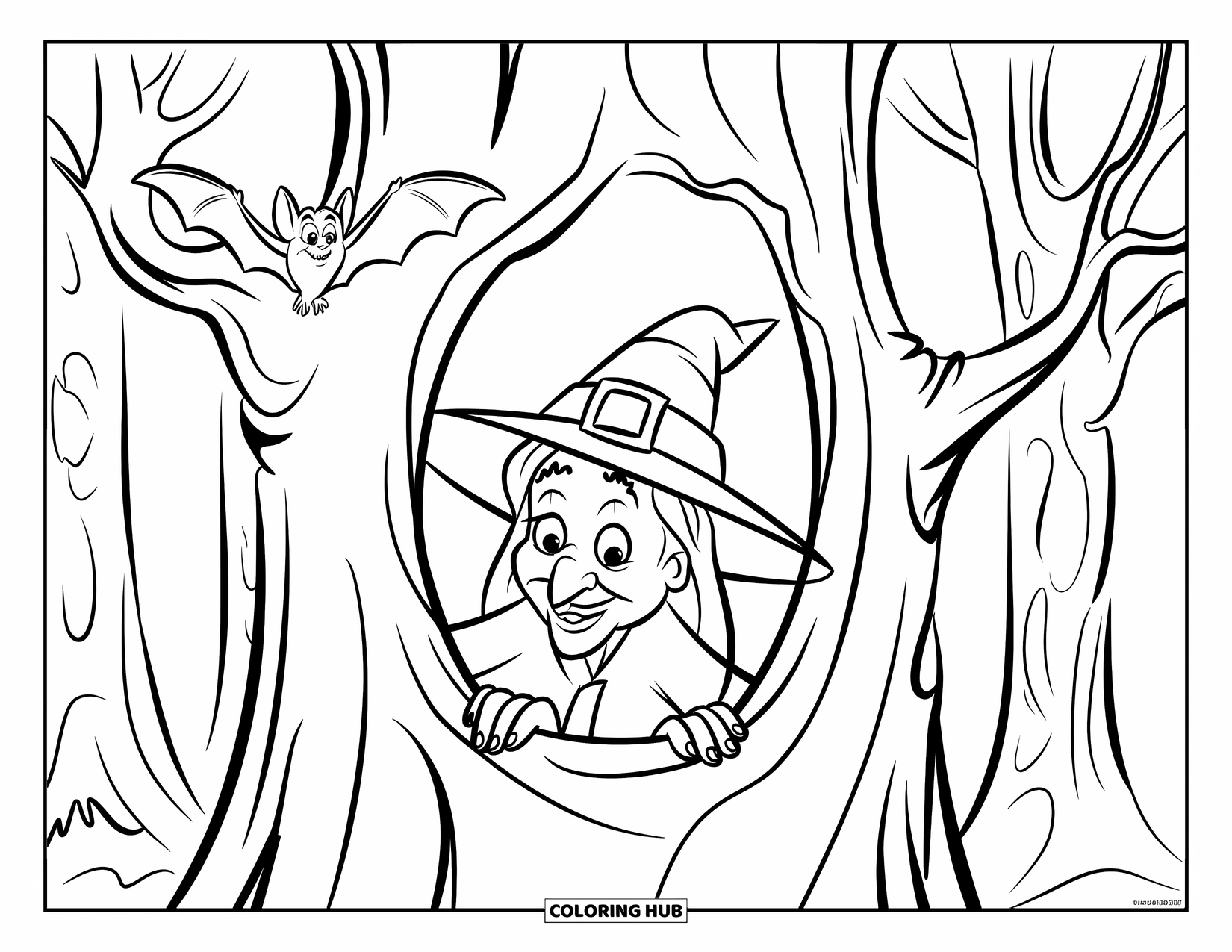 Witch Coloring Page for Kids: A long-nosed witch peeks from a tree while a bat circles above