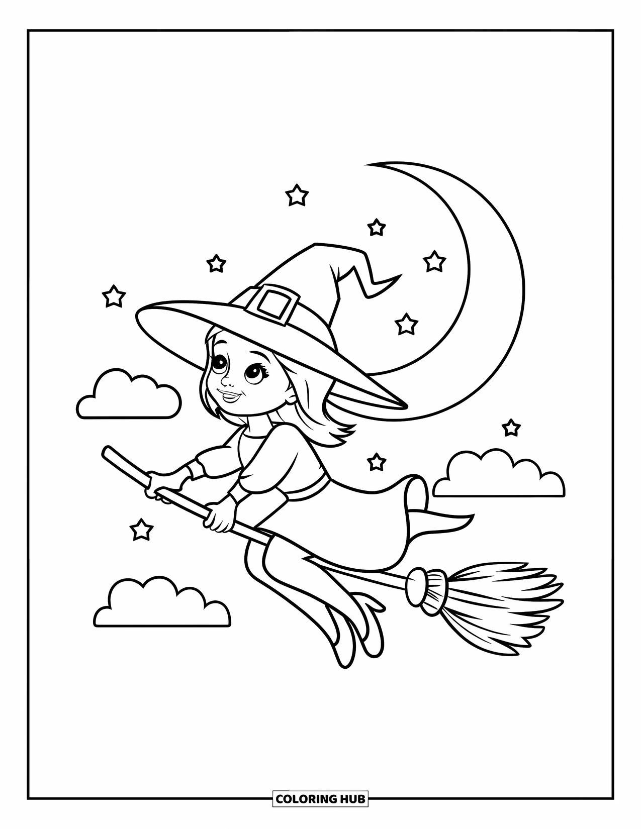 Witch Coloring Page for Kids: A playful witch soars through the night sky with a crescent moon and stars