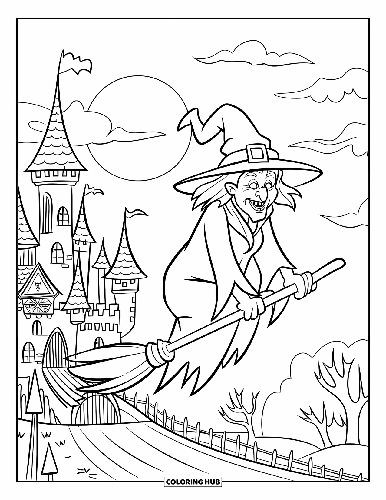 Witch Coloring Page for Kids: A scary witch flies by a castle and trees under a cloudy, moonlit sky