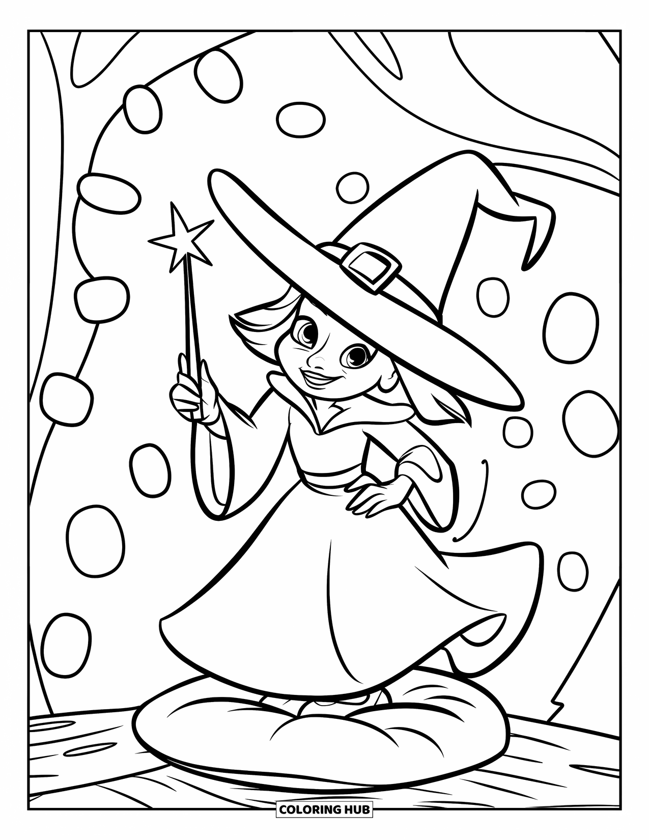 Witch Coloring Page for Kids: A smiling witch stands on a cushion with tiny round objects scattered around
