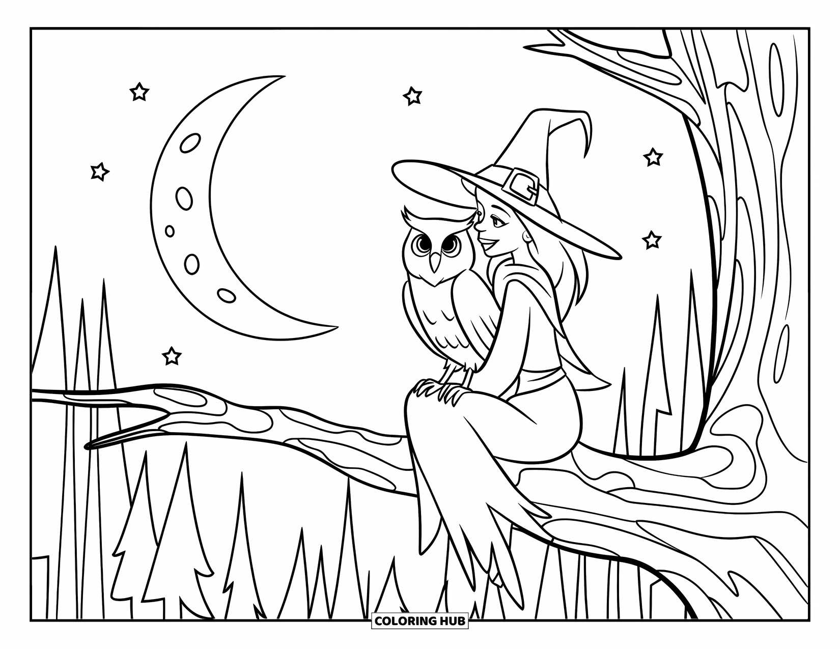 Witch Coloring Page for Kids: A witch and her owl sit on a tree branch, gazing at the full moon