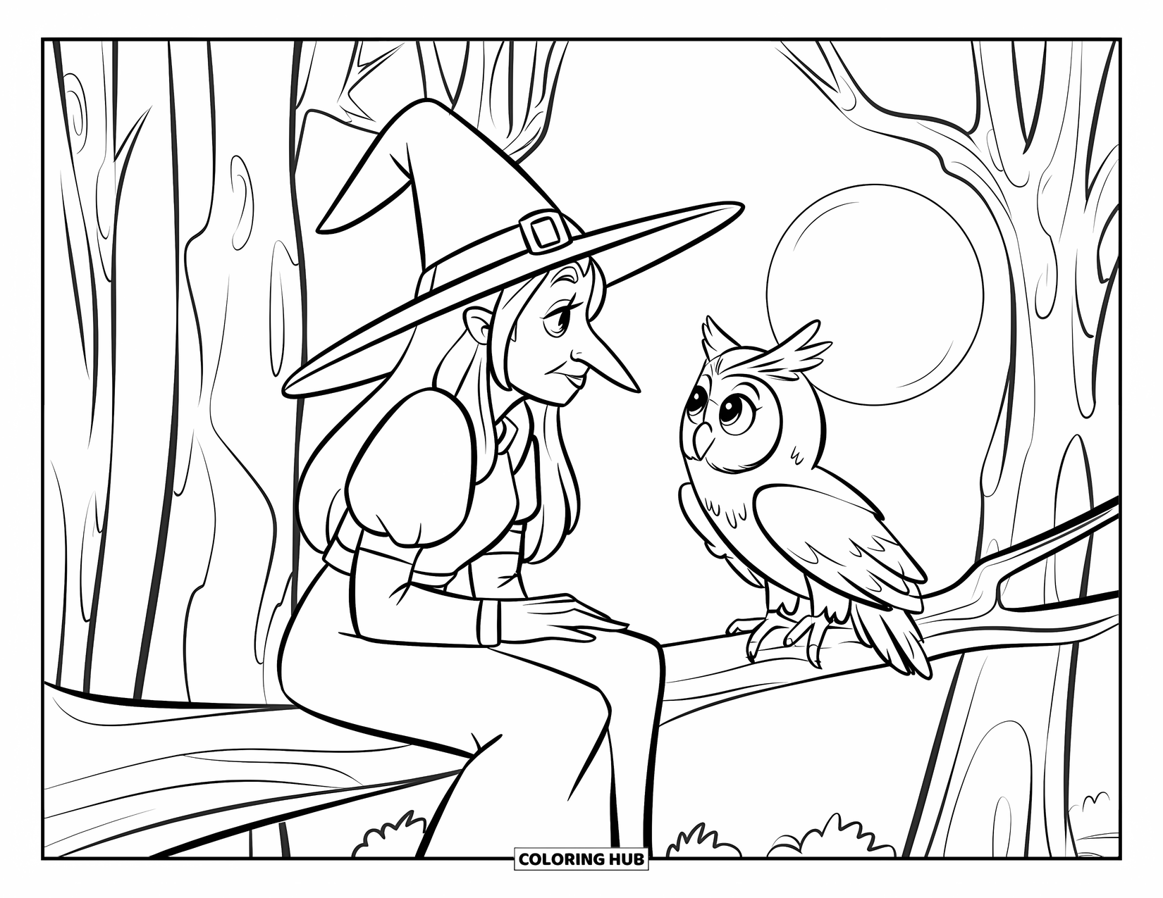 Witch Coloring Page for Kids: A witch and her tiny-hatted owl stare at the moon from a tall branch