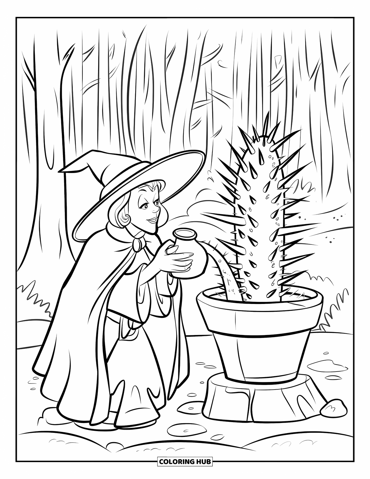 Witch Coloring Page for Kids: A witch feeds a spiky plant with potion while standing near tall forest trees