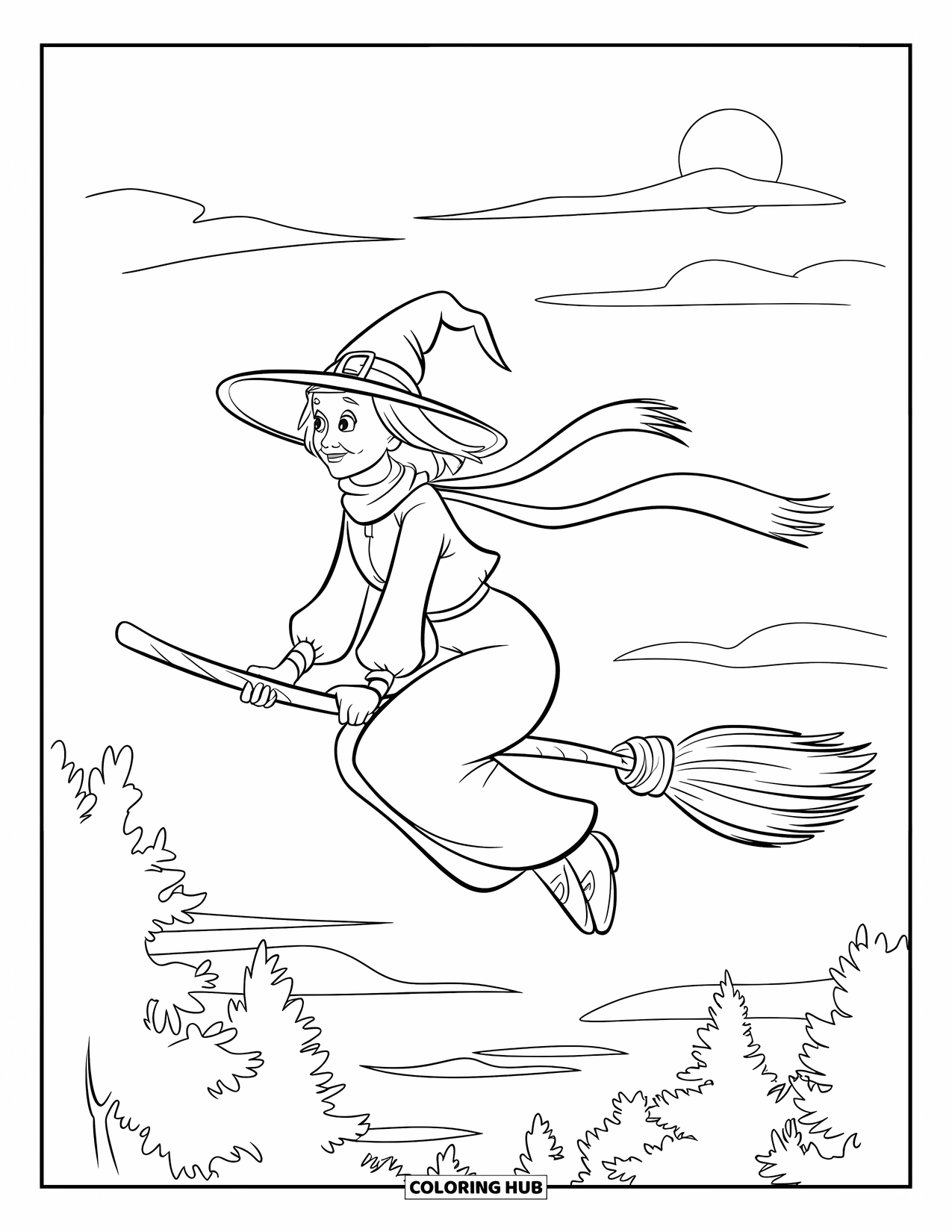 Witch Coloring Page for Kids: A witch flies above the trees as the sun sets behind the forest