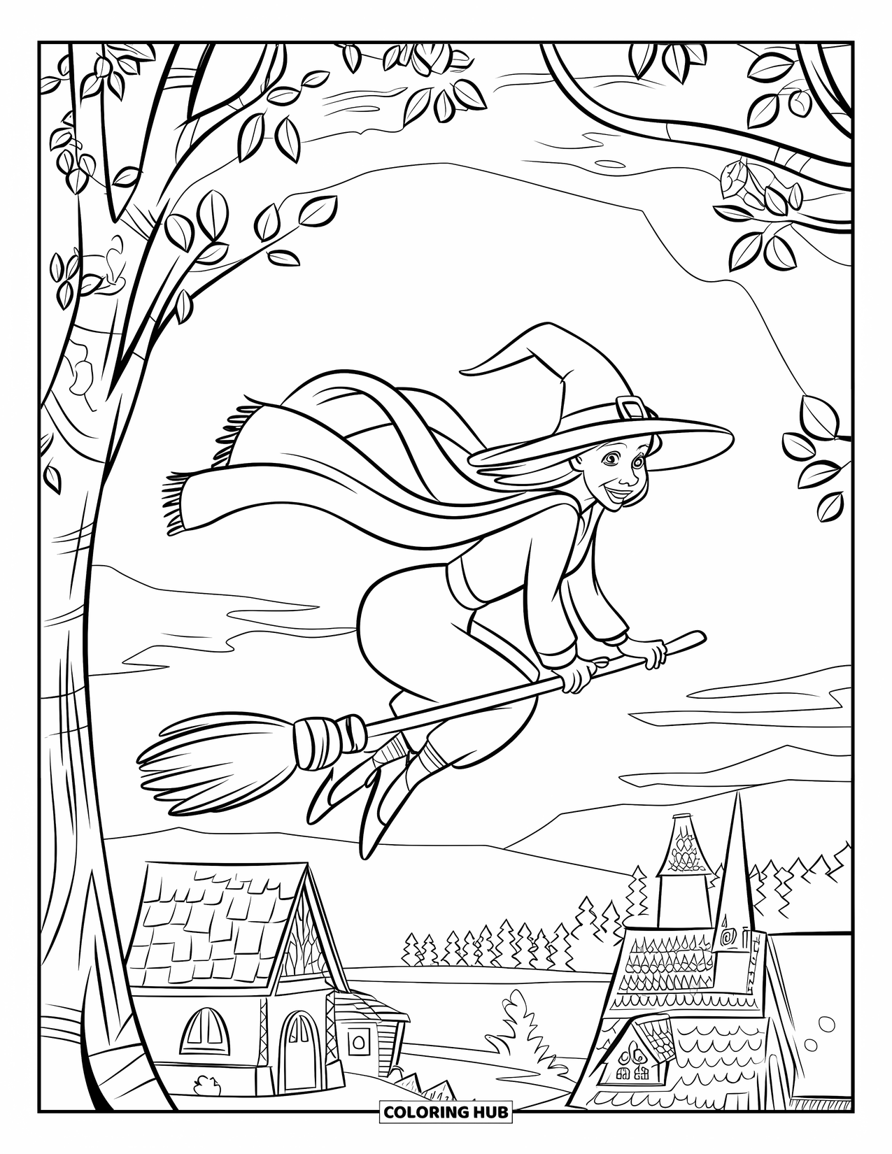 Witch Coloring Page for Kids: A witch flies over trees and rooftops as the evening sky glows with color