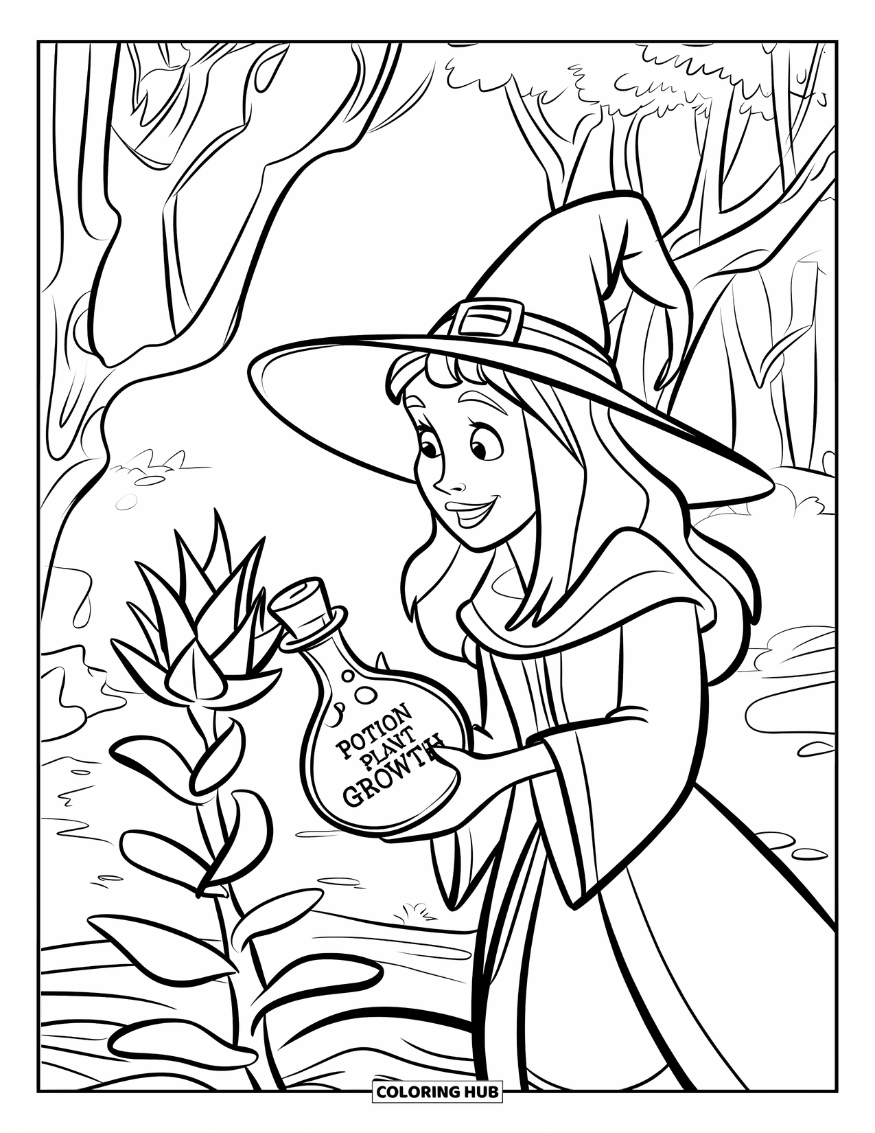 Witch Coloring Page for Kids: A witch helps a spiky plant grow with a potion labeled just for it