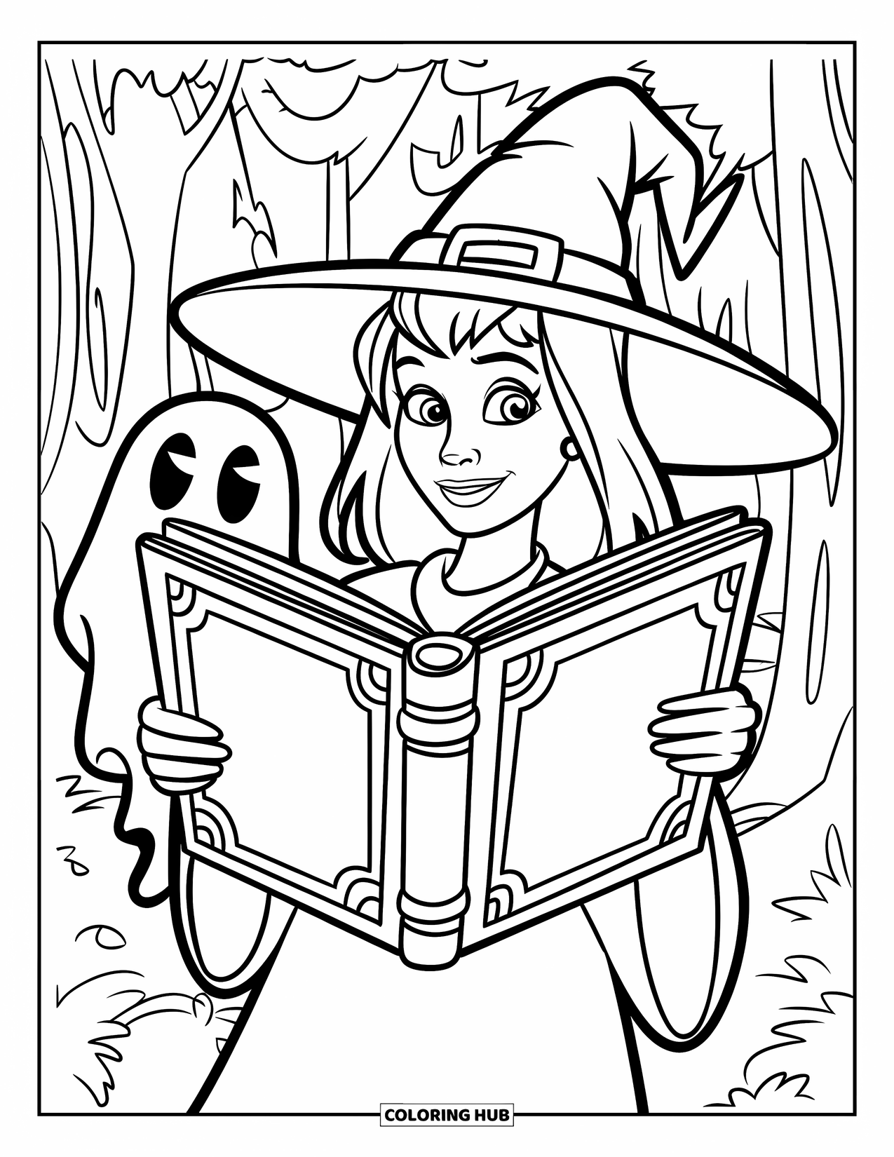 Witch Coloring Page for Kids: A witch holds a big spellbook while a smiling ghost peeks from behind
