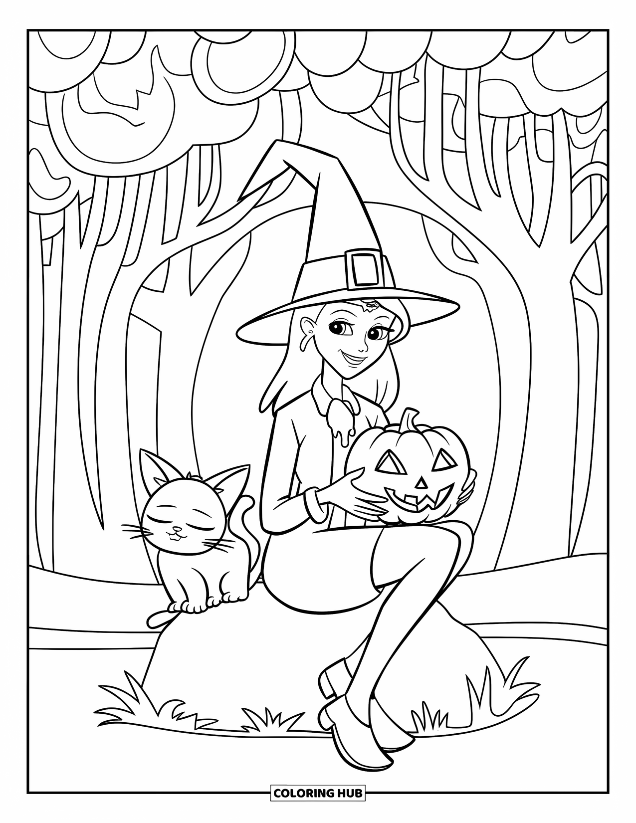 Witch Coloring Page for Kids: A witch holds a pumpkin while sitting beside her snoozing cat in the forest