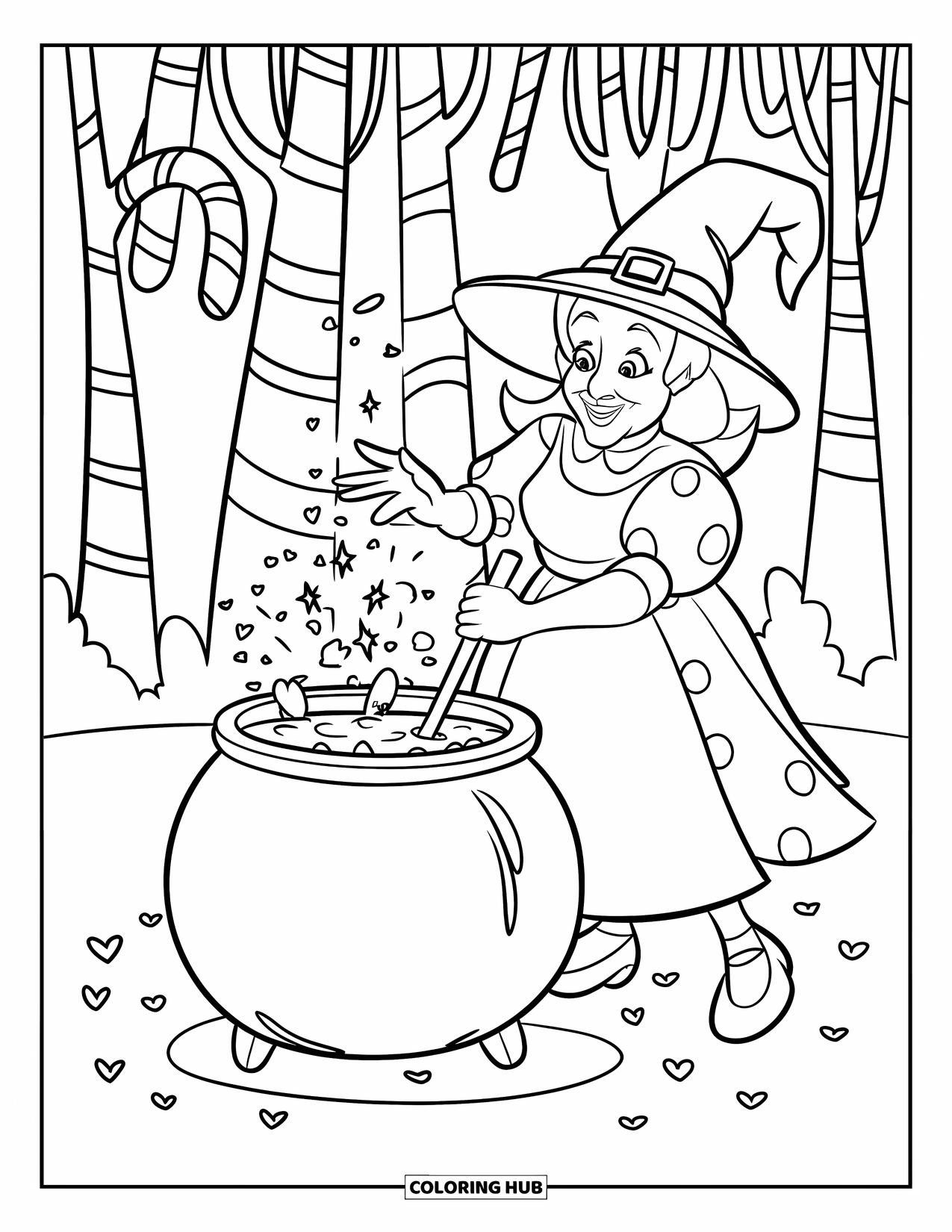 Witch Coloring Page for Kids: A witch mixes a bubbly potion in a candy cane forest filled with floating hearts