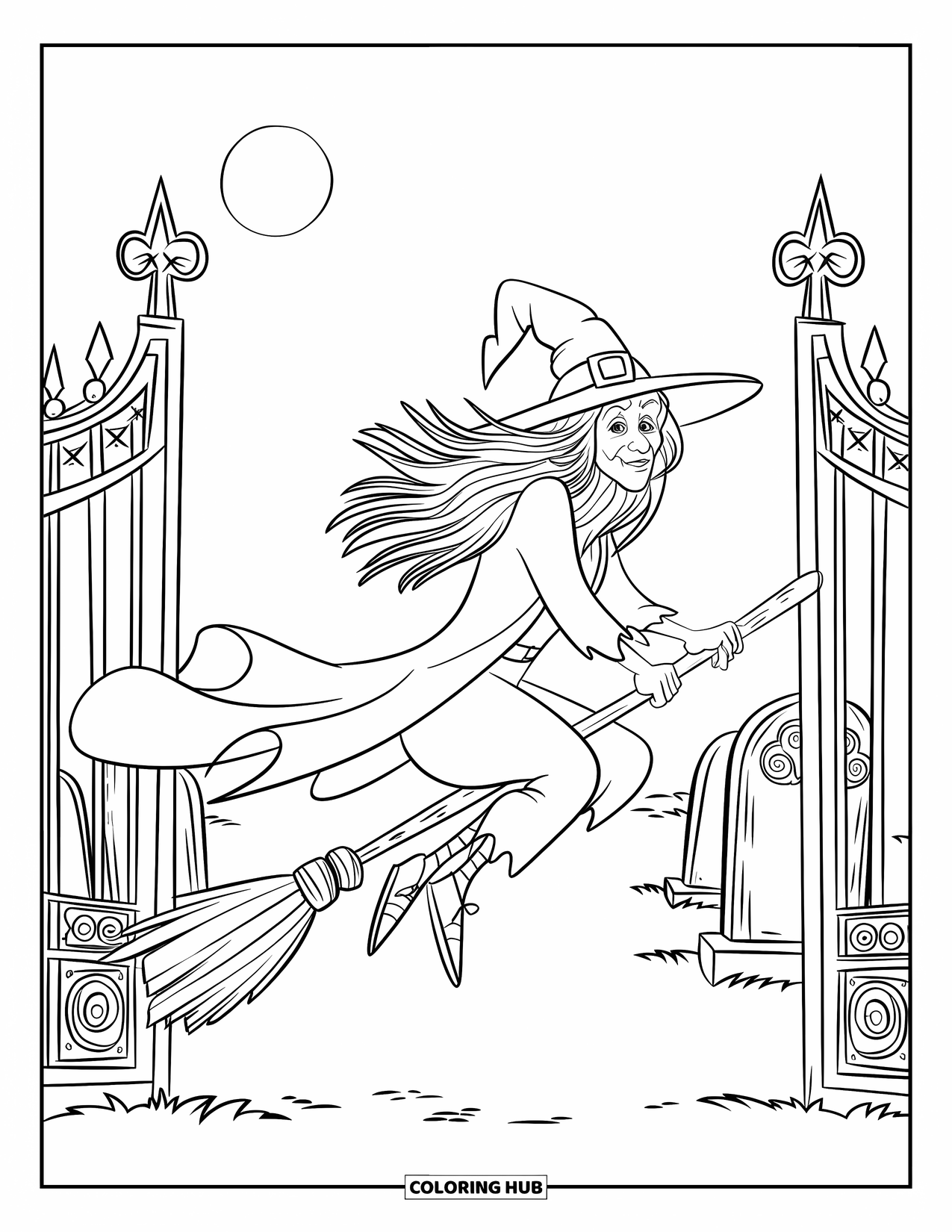 Witch Coloring Page for Kids: A witch on a cracked broom floats near old graveyard gates on a foggy night
