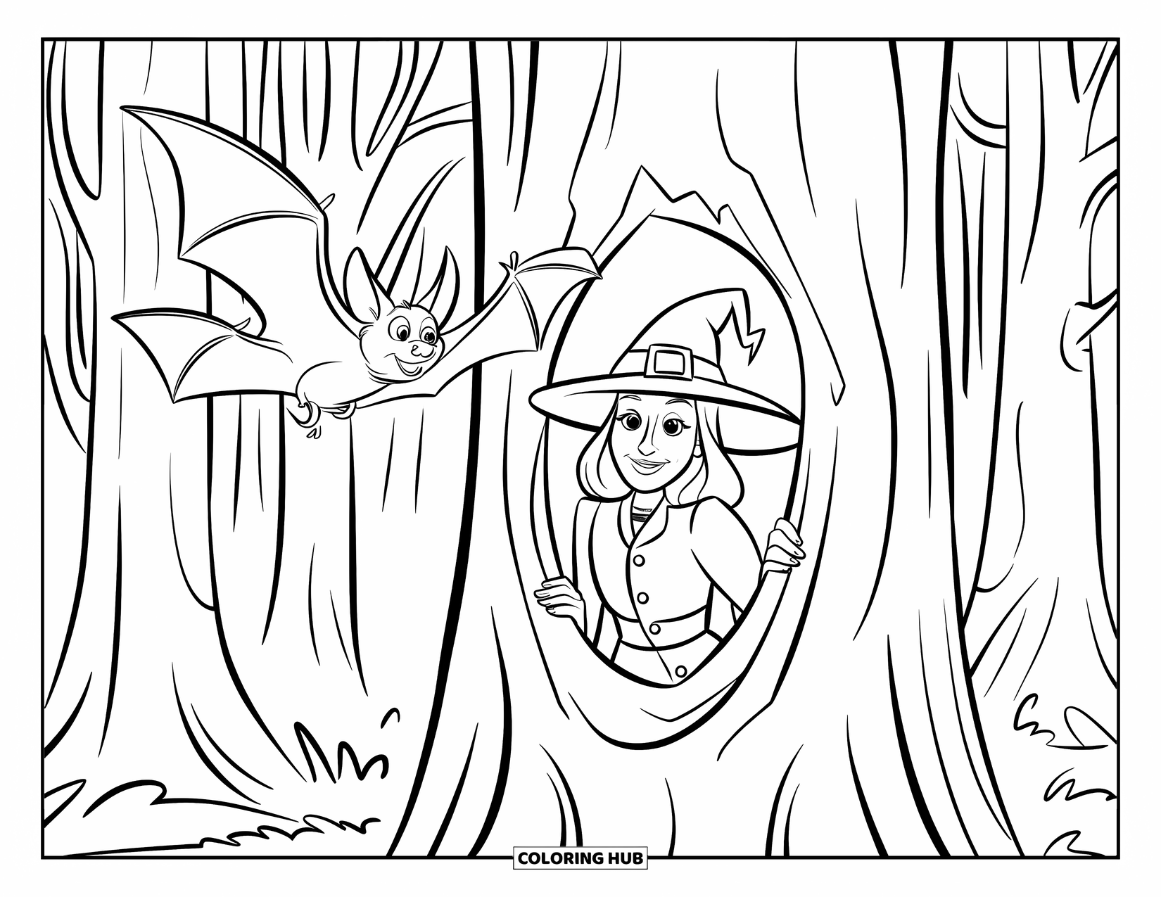 Witch Coloring Page for Kids: A witch peeks out from a hollow tree with a bat flying above